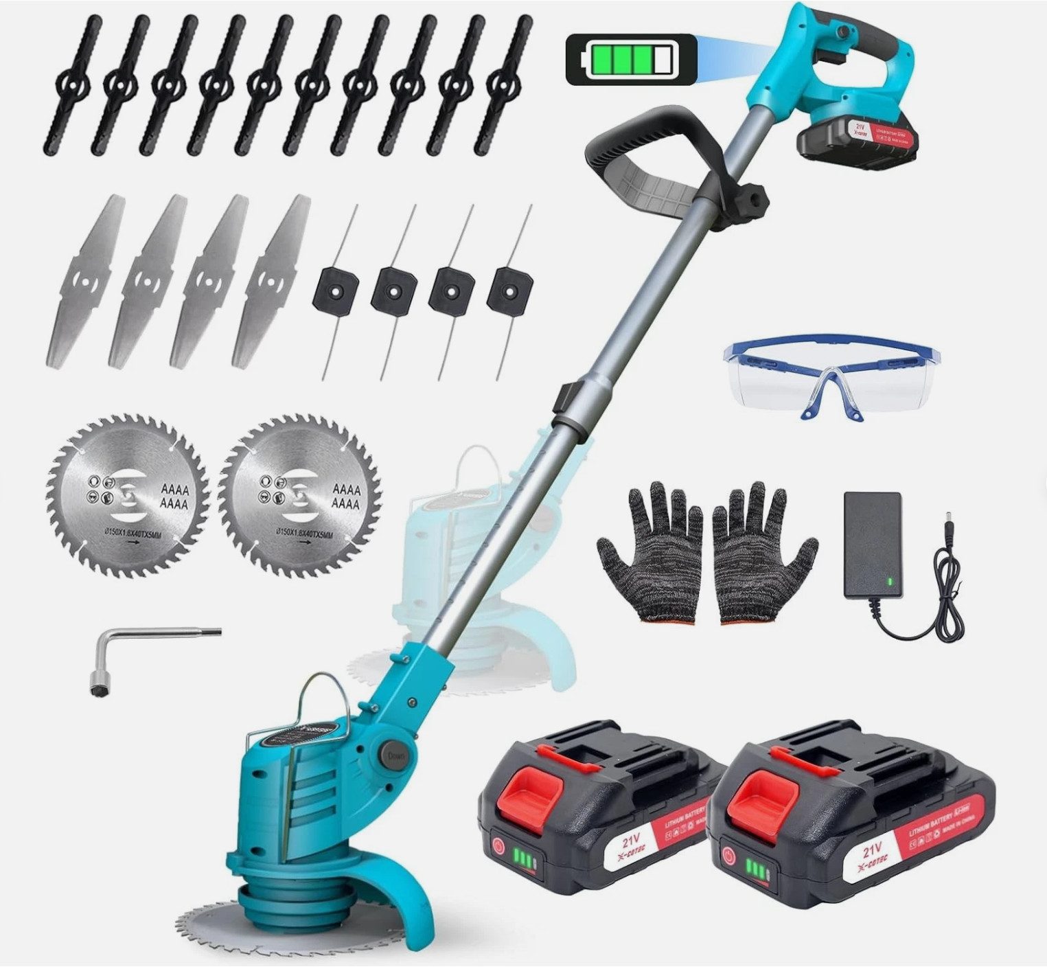 TSE Akku-Rasentrimmer 21V Akku Rasentrimmer 4in1 800W 2 Akkus 4 Klingen 90° Kopf Garten, 4-in-1 Funktion, 2 Akkus, 4 Klingentypen, 9000 U/min, 90° Schwenkkopf