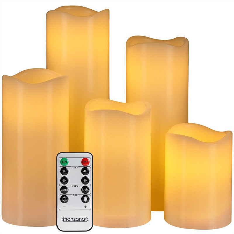 Deuba LED-Kerze, 5x Kerzen mit Timer 2, 4, 6, 8 Stunden Fernbedienung flackernde Flamme 5 versch. Größen Echtwachs Dimmbar Groß Weihnachten Warmweiß ø7,5cm