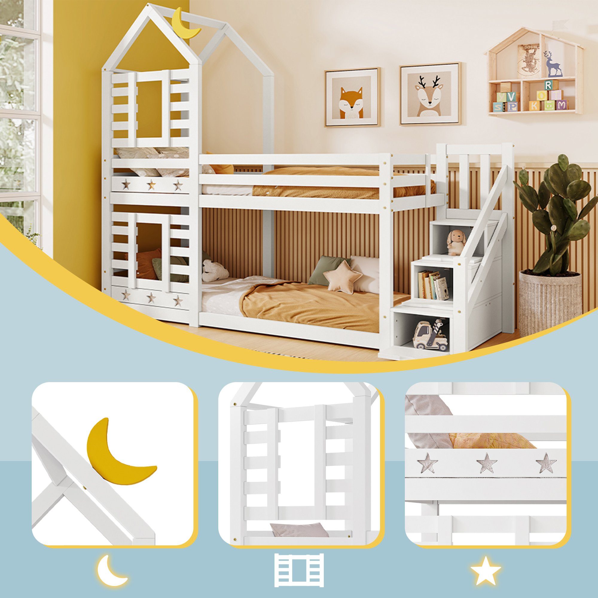 Etagenbett (Hausbett mit Lattenrost), Kinderbett mit Treppe Schubladen und Rausfallschutz 90x200cm