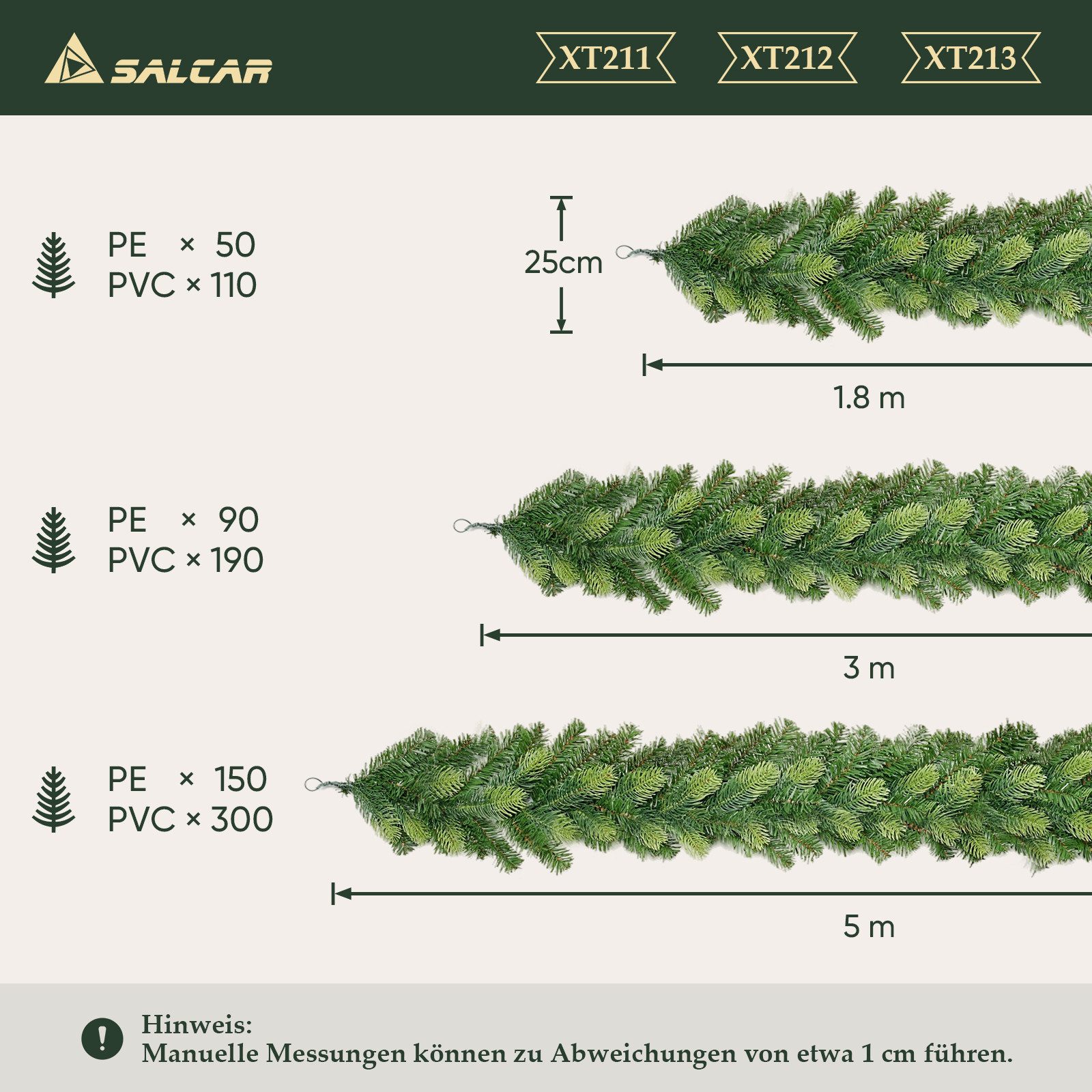 Kunstgirlande 1,8 m 3 m 5 m Weihnachtsgirlande Außen Tannengirlande Spritzguss, Salcar, 3 m, zweifarbig mit hellgrünen Spitzen, 280 Zweige (90 PE + 190 PVC)
