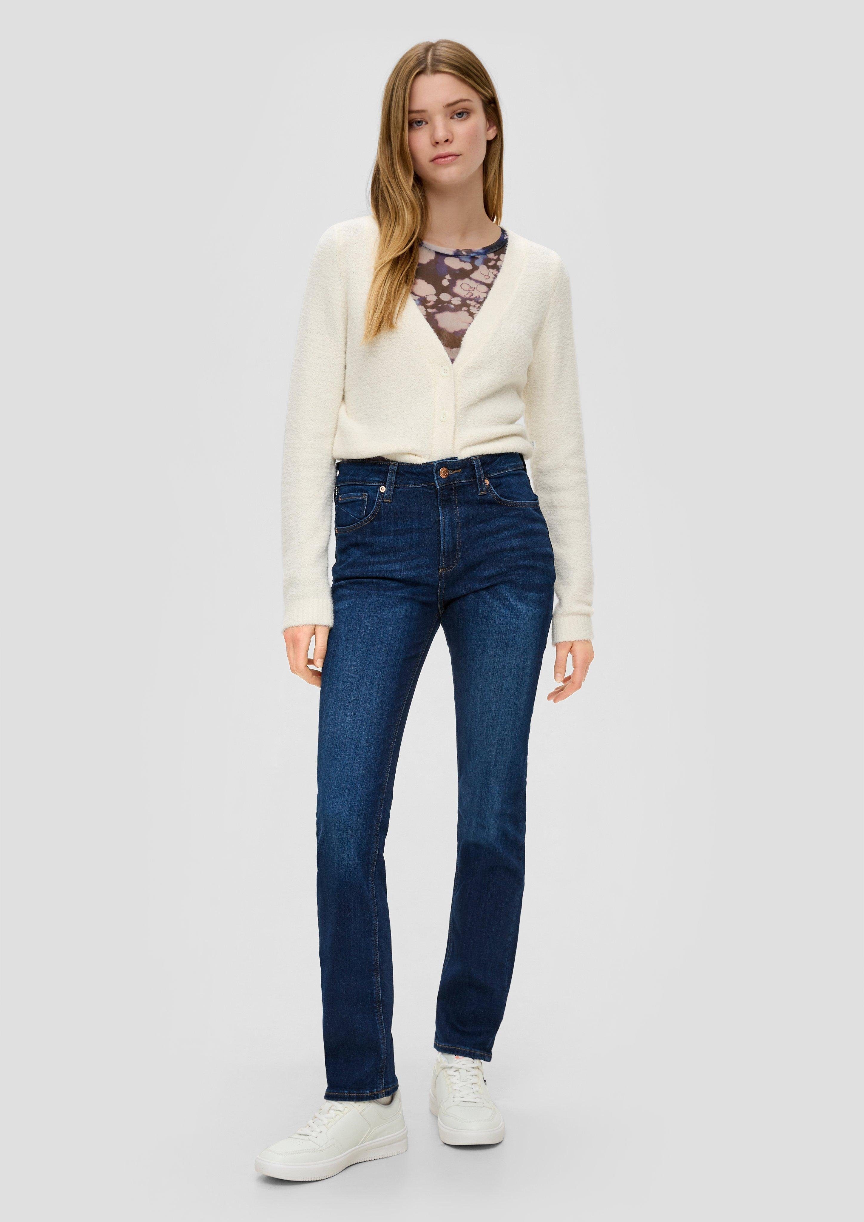 QS Stoffhose Catie: Jeans mit Straight Leg Waschung, Destroyes, Kontrastnähte, Label-Patch dunkelblau