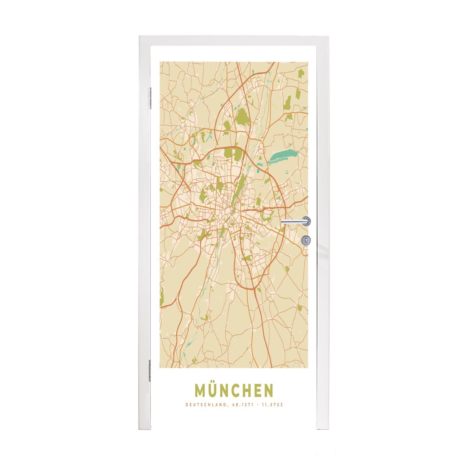 MuchoWow Türtapete München - Karte - Vintage - Stadtplan, Matt, bedruckt, (1 St), Fototapete für Tür, Türaufkleber, 75x205 cm