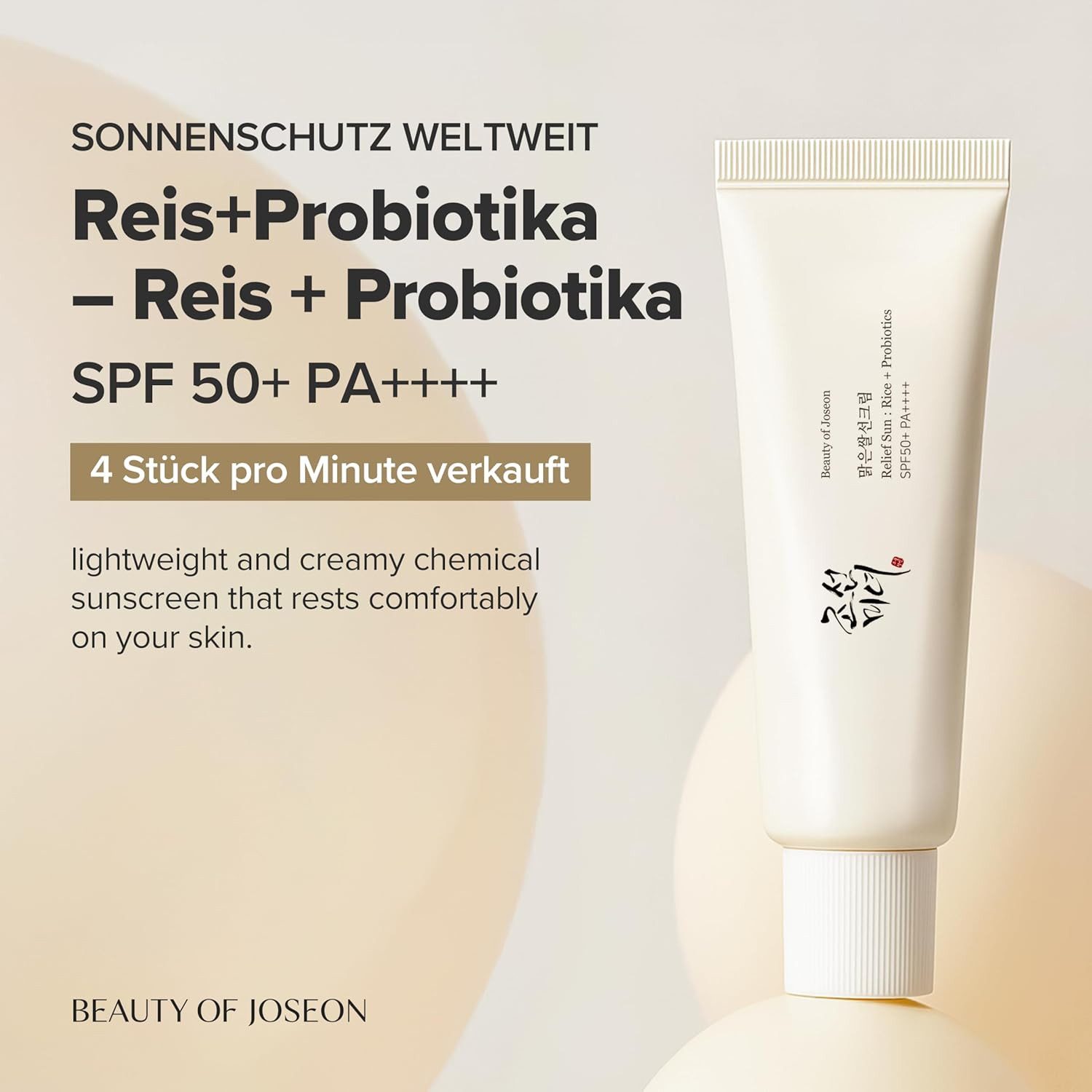 Beauty of Joseon Sonnenschutzcreme Relief Sun Rice + Probiotics SPF 50+ Doppelpack 2×50 ml – leichte, Sonnencreme mit hohem UVA/UVB-Schutz, 119-tlg., pflegender Rice & Probiotics Formel, Niacinamid & Ginseng, ideal für alle Hauttypen