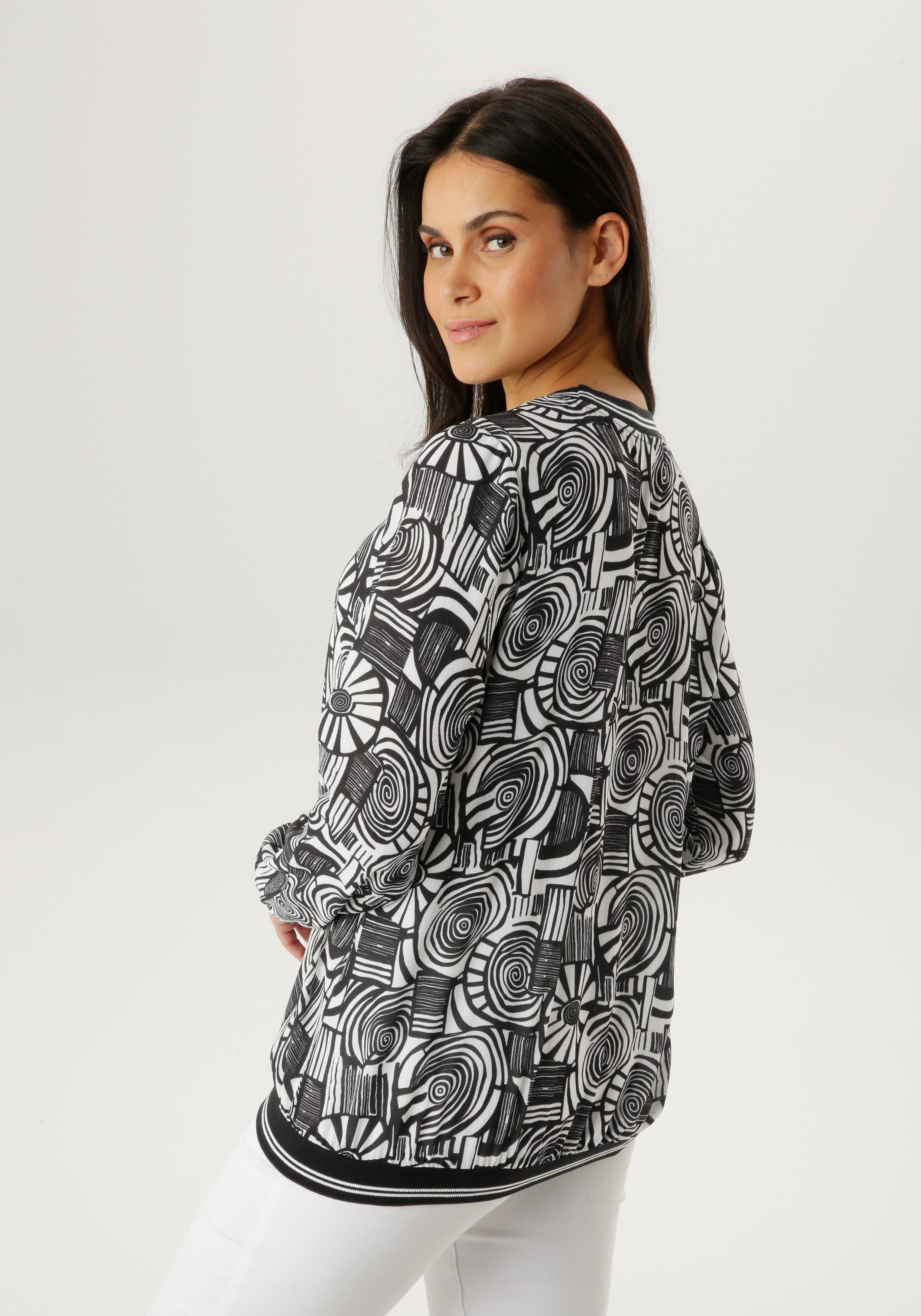 Aniston SELECTED Shirtbluse mit gestreiften Bündchen und Retro-Muster - NEU günstig online kaufen