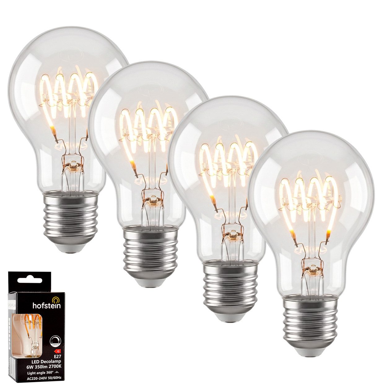 hofstein LED-Leuchtmittel 4er Set Glühbirne Warmweiß dimmbar 6 Watt, E27, 2700 Kelvin, 350 Lumen, Klassisch, Filament Spirale, Klar