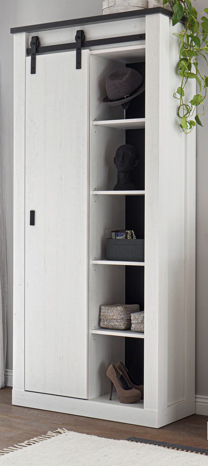 Furn.Design Mehrzweckschrank Stove (Flur- und Schuhschrank in Pinie weiß Landhaus, 93 x 201 cm) mit 10 Fächern und Schiebetür