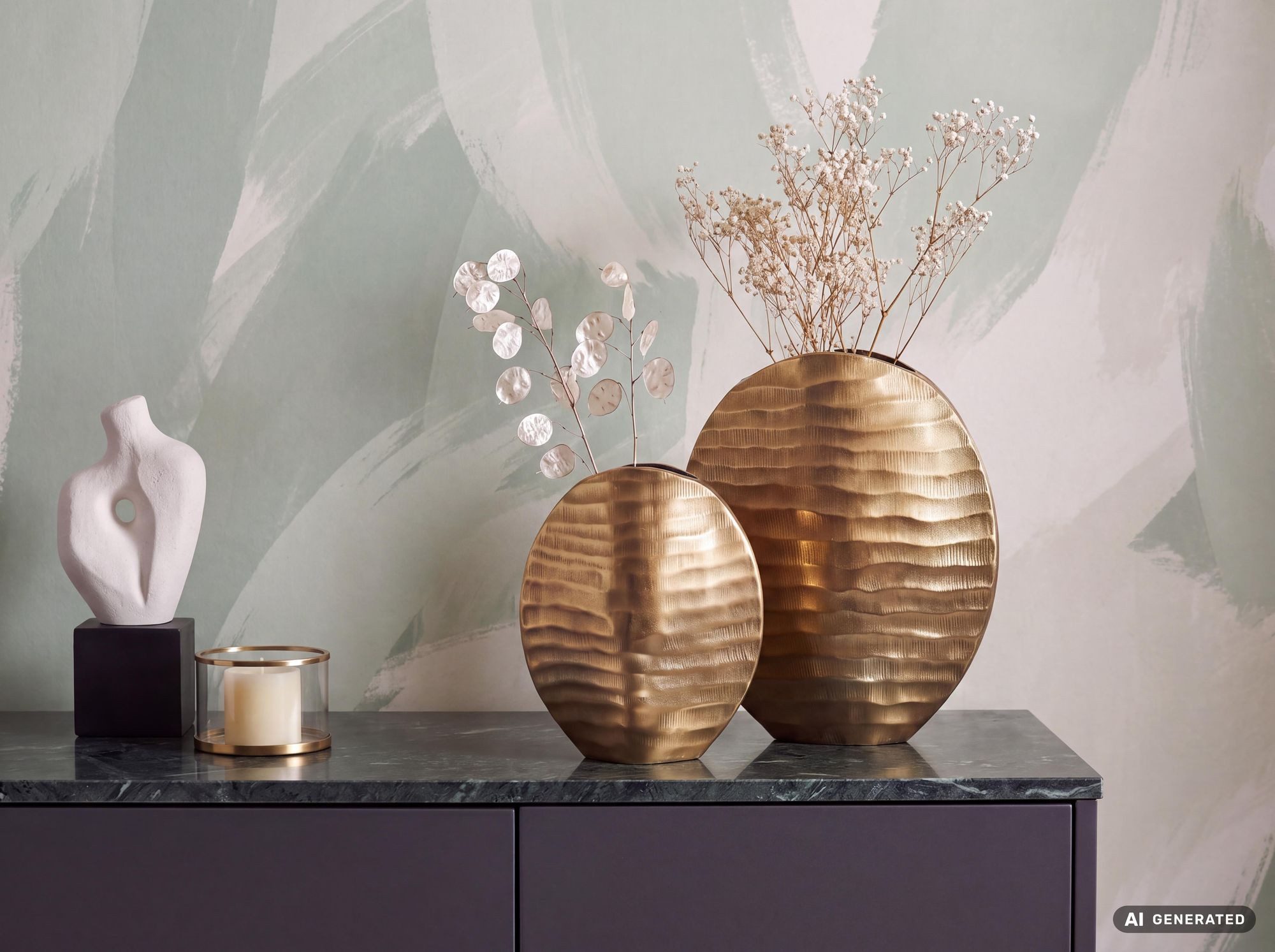 FINEBUY Tischvase FB65112 Vase 2er Set Blumenvase Aluminium Dekovase Rund Wellenmuster (Vase 2er Set Aluminium Gold Modern Wellenmuster), Blumenvase 2-teilig, D – Bild 2 von 5