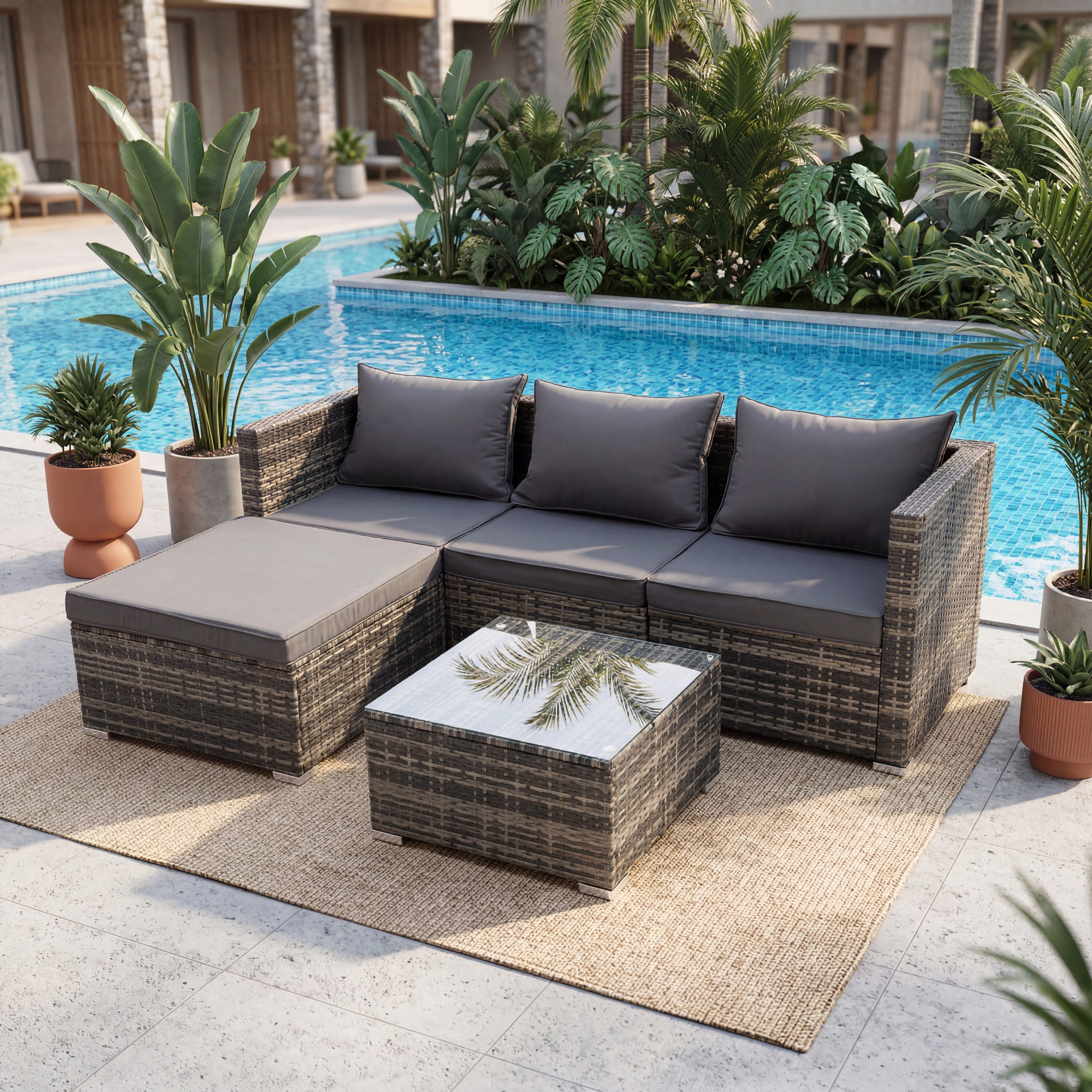 oyajia Gartenlounge-Set Gartenmöbel-Set, (1 Ecksofa, 1 Hocker, 1 Couchtisch, 4 Sitzkissen, 3 Rückenkissen, 5-tlg., UV-beständig für stilvolles Outdoor-Leben), wasserabweisende Kissen bieten optimalen Komfort