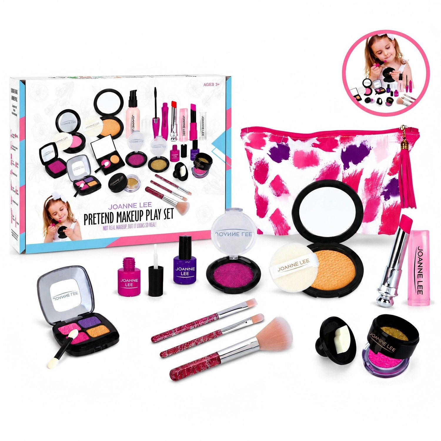 Toomoke Kreativset Kinder-Schminkset, Make-up-Spielzeug für Mädchen, (12-tlg., Kosmetikspielzeug mit Schminktasche, Rollenspielzeug für Kinder), 12 Teile, ABS-Kunststoff, Stofftasche mit Quaste, ab 3 Jahren