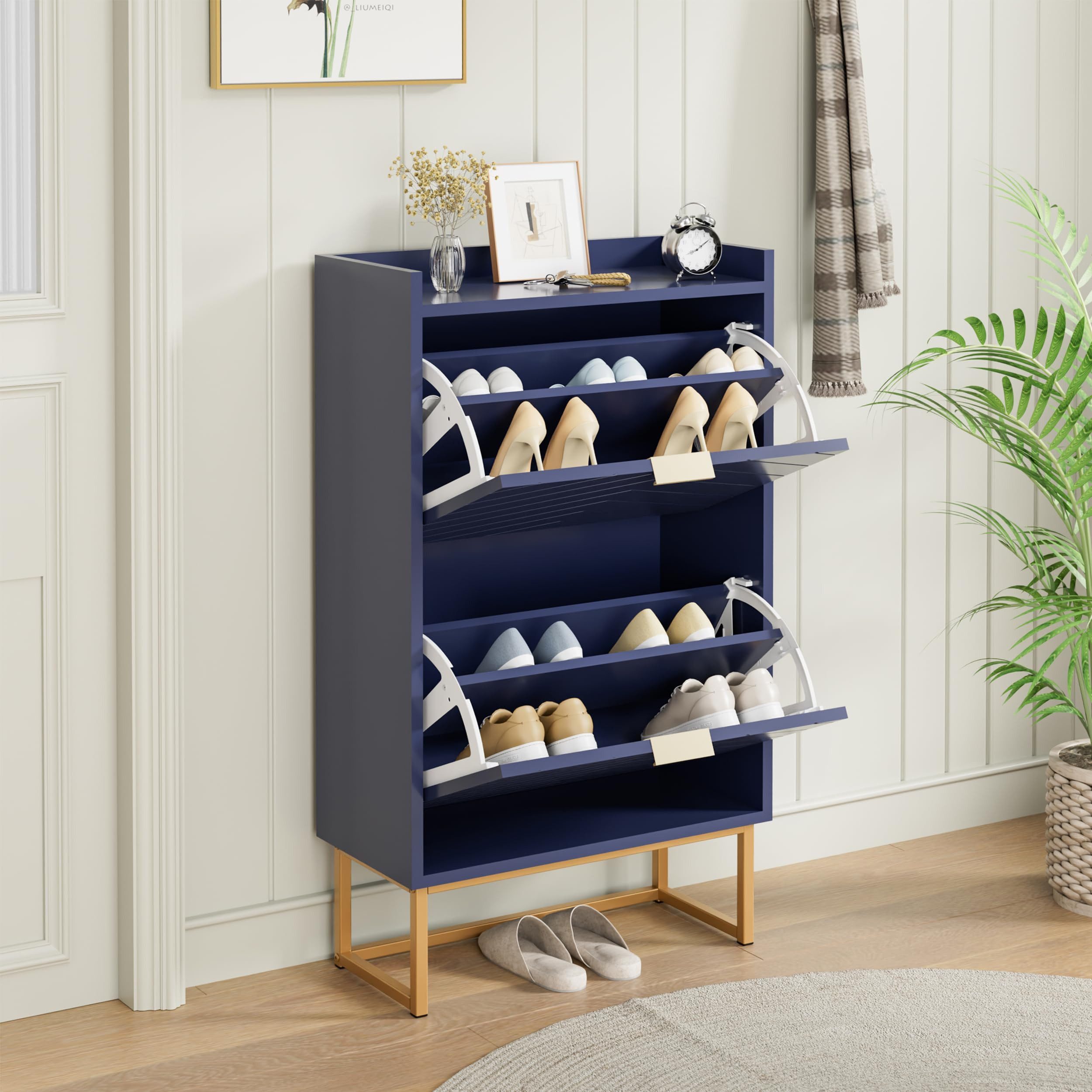 UEV Schuhschrank mit 2 Klappen, Schuhkipper Schmal, Schuhregal mit Metallfüße (50 x 24 x 103,5cm Modern Schuhaufbewahrung mit Oberplatte, Schuhkommode,Anti-Kipp-Vorrichtung für Eingangsbereich) trennwände verstellbar und abnehmbar für verschiedene Schuhtypen