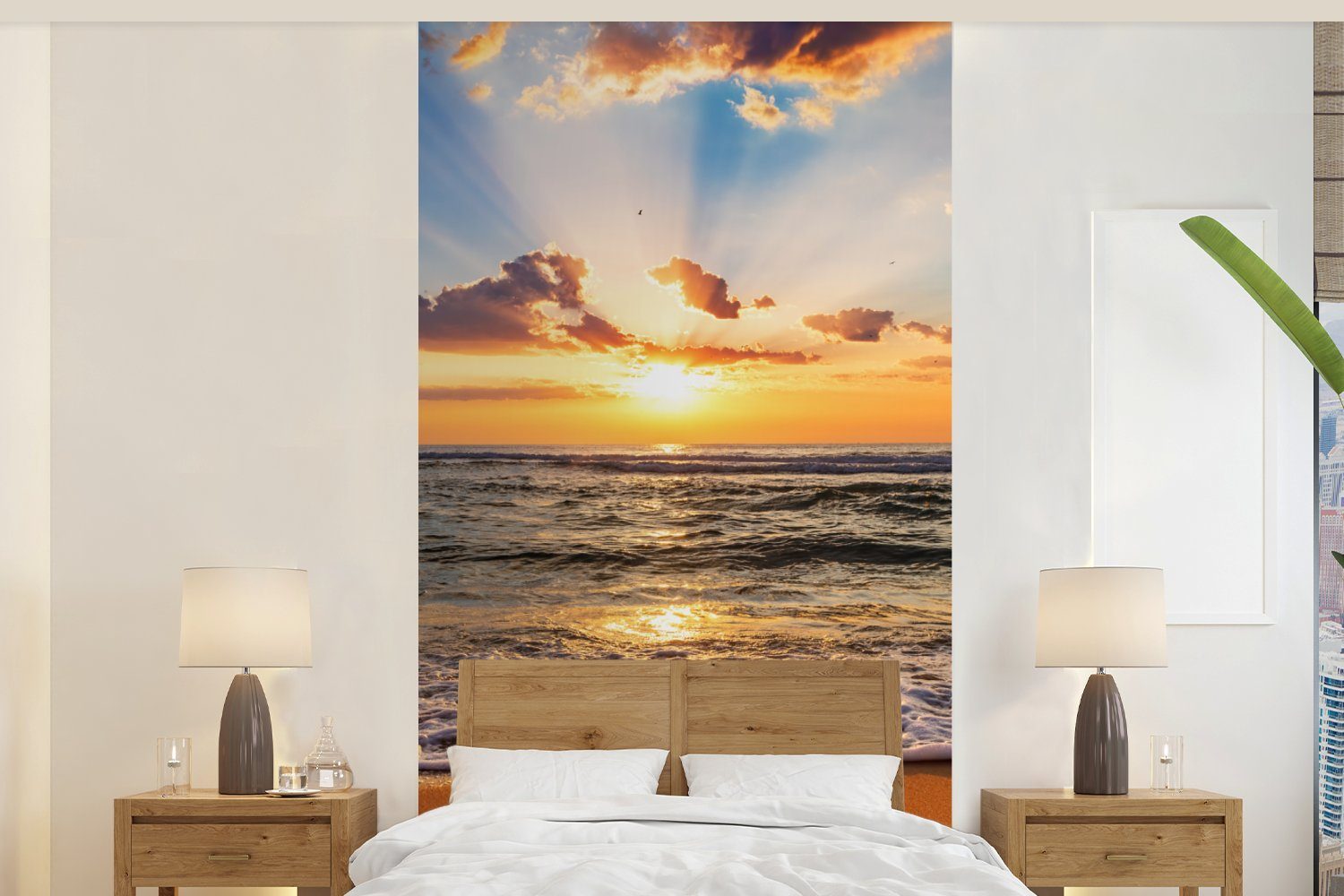 Meer St), - Schlafzimmer MuchoWow Wolken Matt, Sonnenuntergang Horizont, Strand bedruckt, Küche, (2 - Vliestapete Fototapete Wohnzimmer Fototapete - - für
