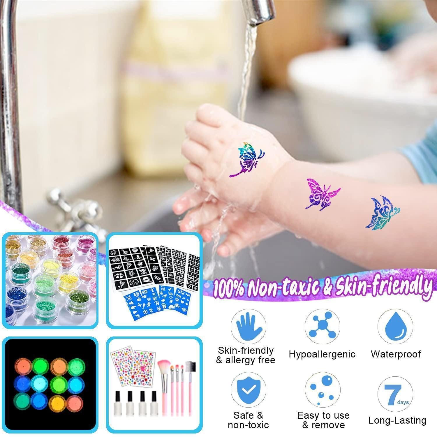 LuxusKollektion Kindertattoo Glitzer Tattoo Set Kinder 42 Farben Schablonen Strass Pinsel Kleber