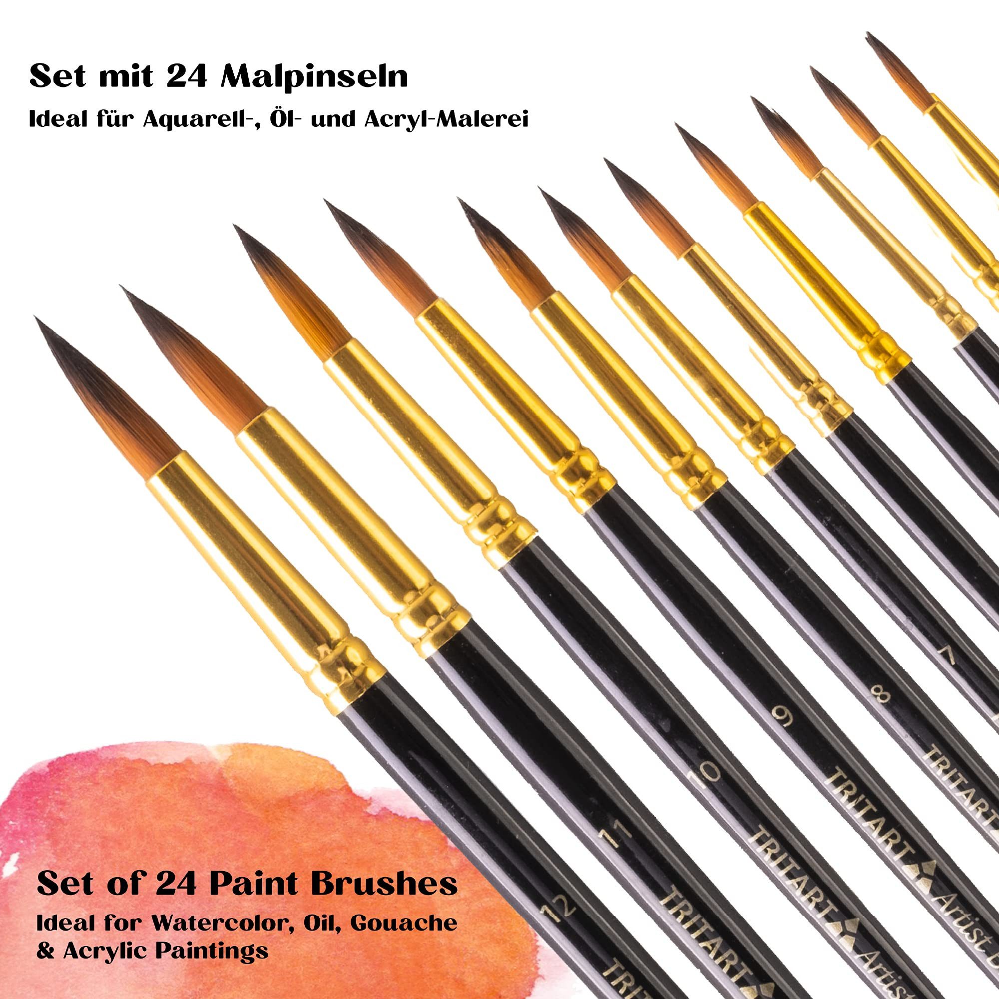 Tritart Malpinsel Tritart 24er Pinsel Set für feine Details, Acryl und Aquarell