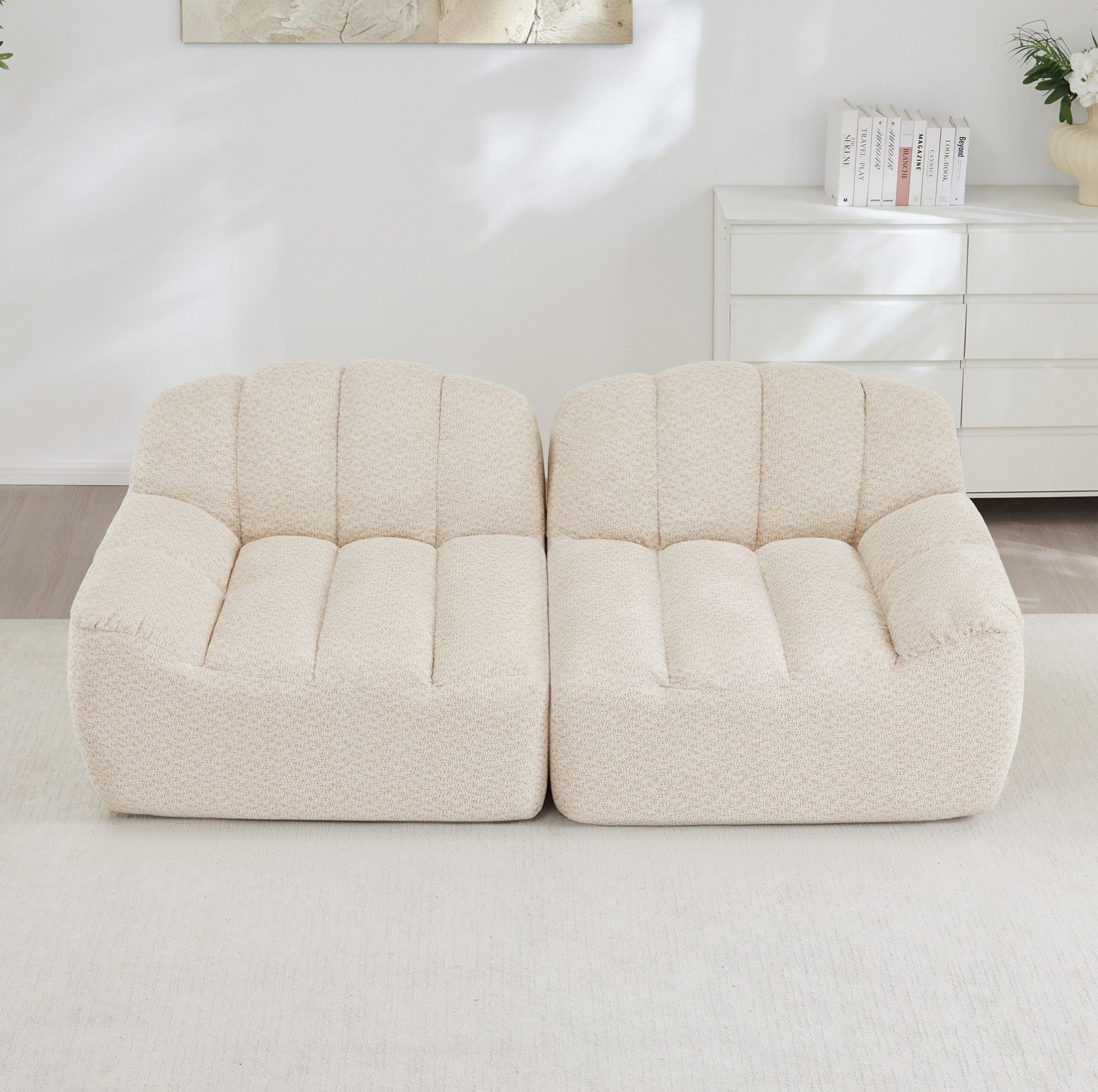 MODFU Loungesofa 2- bis 4-Sitzer modular, muschelförmiges boneless Design aus 32D Hochdichtschaum, tiefe Sitzkissen, flexibel kombinierbar für L-, U- und 2-Sitzer Aufstellung, ohne Montage sofort nutzbar 1 Teile