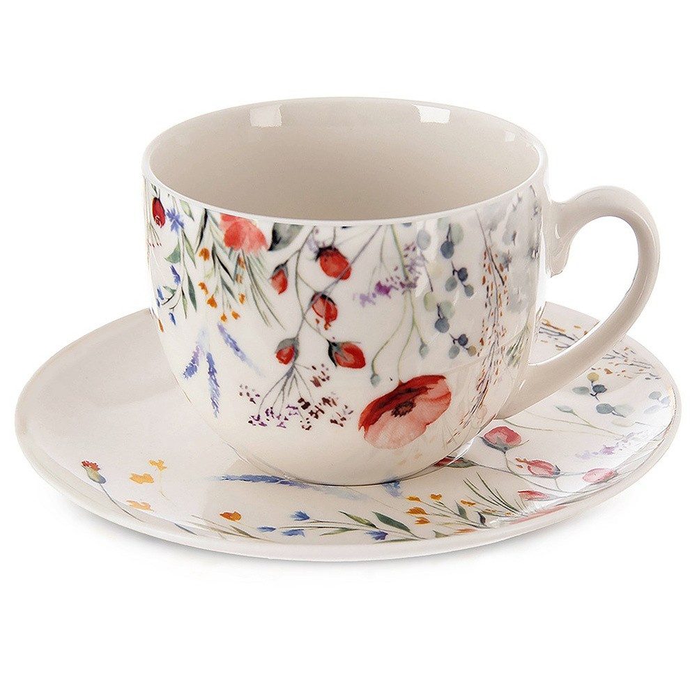 Orion Group Tasse Maki mit Blumenmotiv und Untertasse, 2-tlg., Porzellan, spülmaschinengeeignet, mikrowellengeeignet, gemustert, glänzend