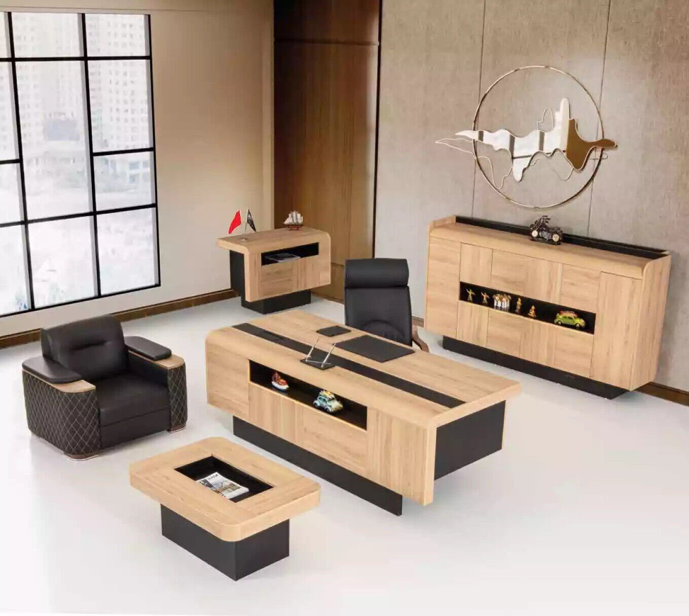 JVmoebel Schreibtisch Möbel Kanzlei Luxus Büroeinrichtung Komplettes Set Tisch Schrank 3tlg, Made In Europe Beige