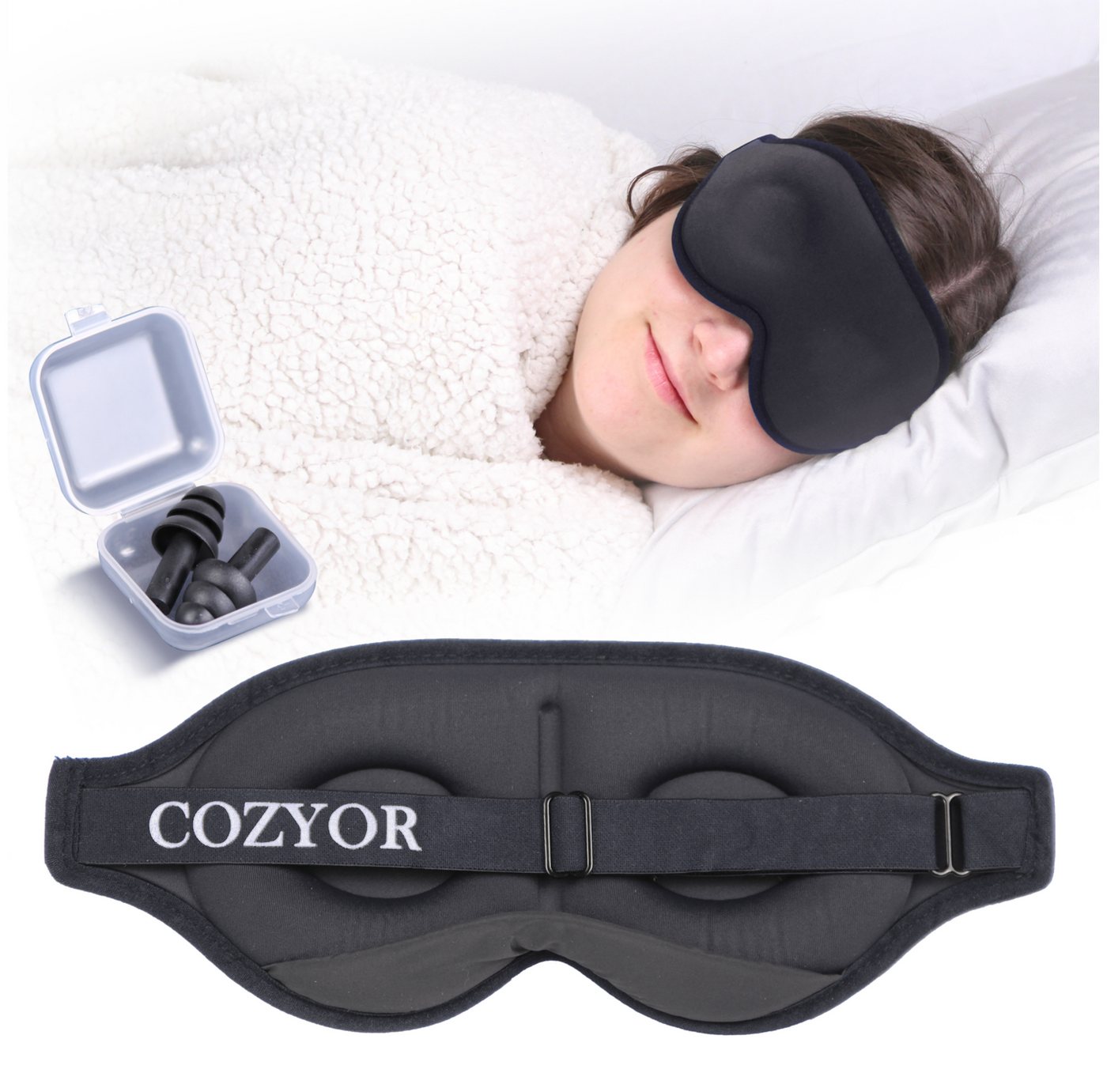 Cozyor Schlafmaske 100% Blackout-Effekt 3D Augenmaske mit ergonomischem Design, Reiseset klein & kompakt anthrazit dunkelgrau, Schlafmaske mit wiederverwendbaren Ohrstöpseln, extra Polsterung und variable Passform