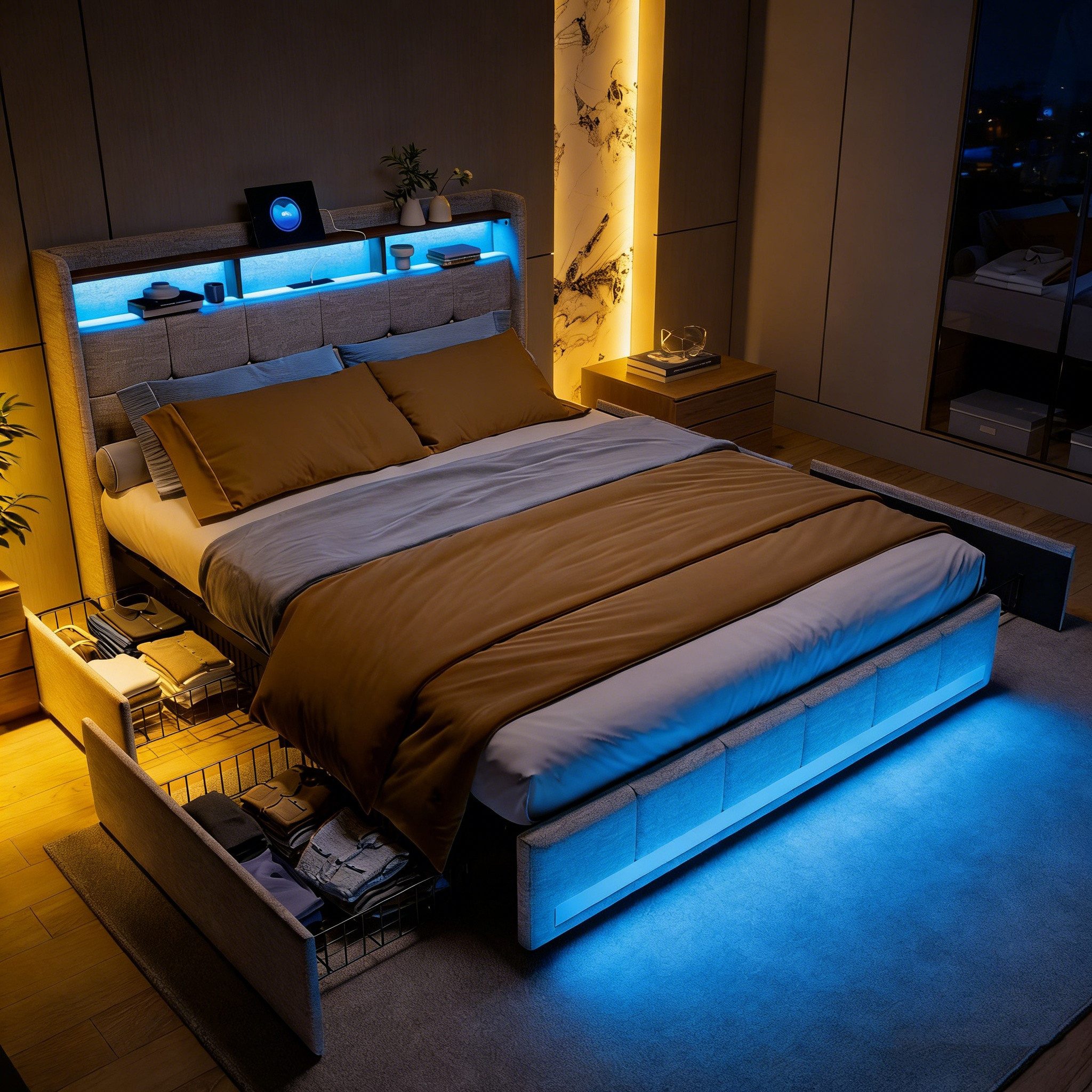 PXloue Polsterbett LED Doppelbett 180x200 cm, mit USB-Laden und Stauraum am Kopfteil,Leinen,140x200 cm