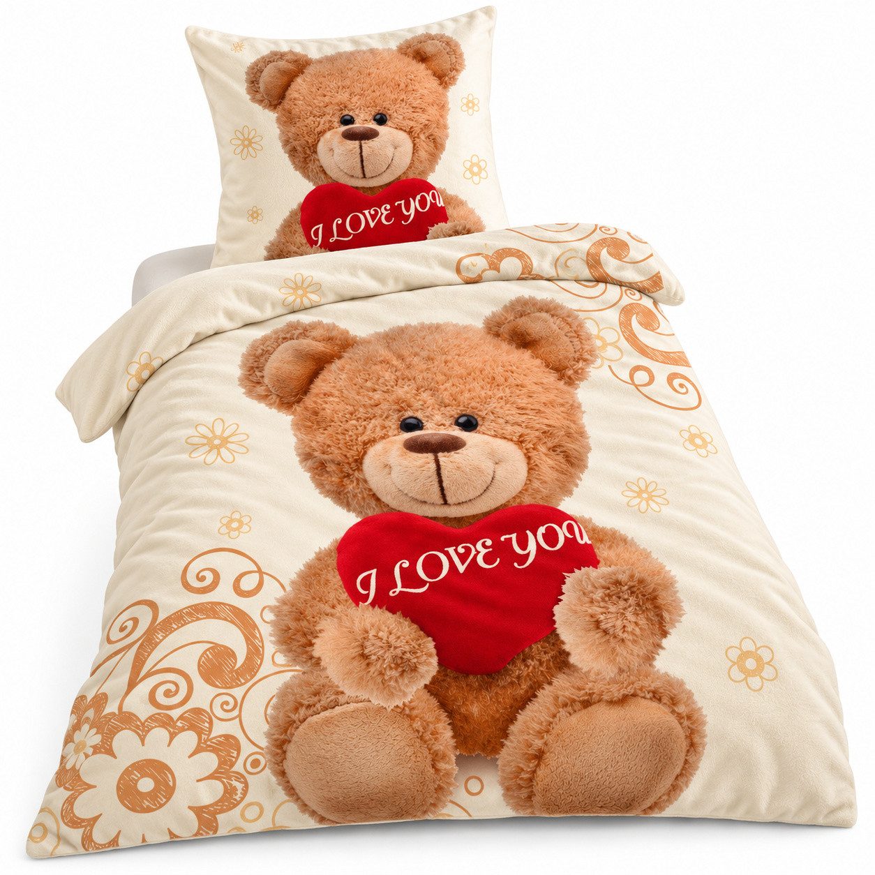 Leonado Vicenti Bettwäsche Winter Fleece 135x200, Fleece, 2 teilig, Teddy Bär Love mit Herz Plüsch Flauschig Warm