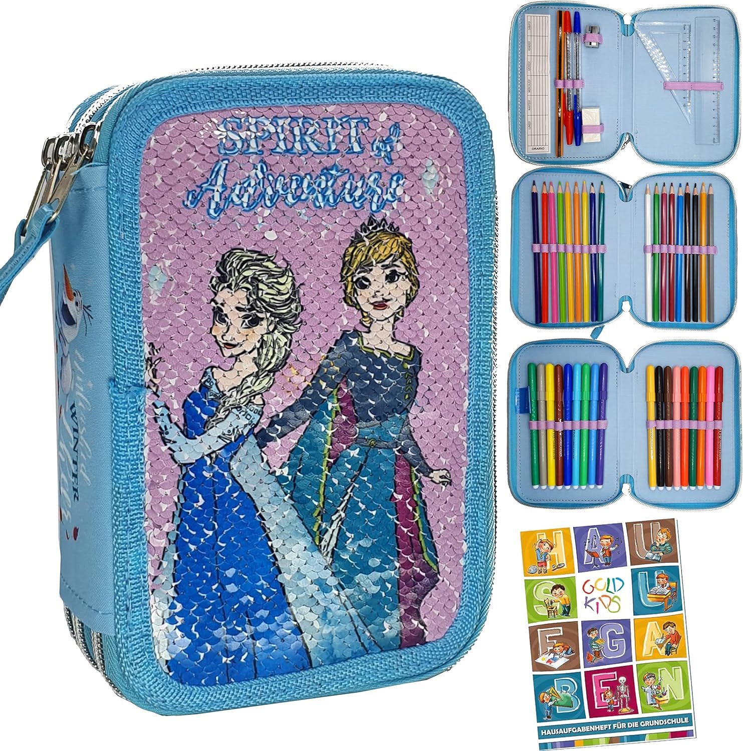 GOLDKIDS Federmäppchen Frozen Eiskönigin Anna ELSA Olaf XXL Pailletten Federtasche, (Olaf XXL Pailletten Federtasche Federmappe, 1-tlg., Schüleretui Federtasche Federpenal), Schülmäppchen 44-teilig gefüllt