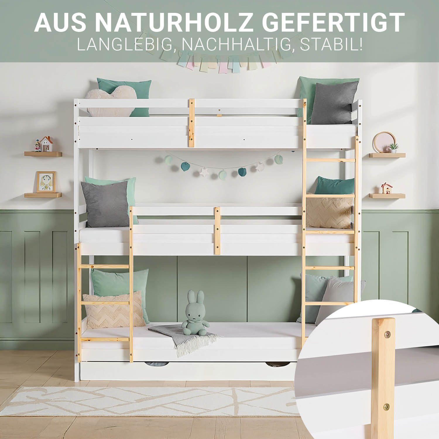 Homestyle4u Etagenbett 90x200 Dreifach Hochbett Weiß Natur 3 Kinder Stockbe günstig online kaufen