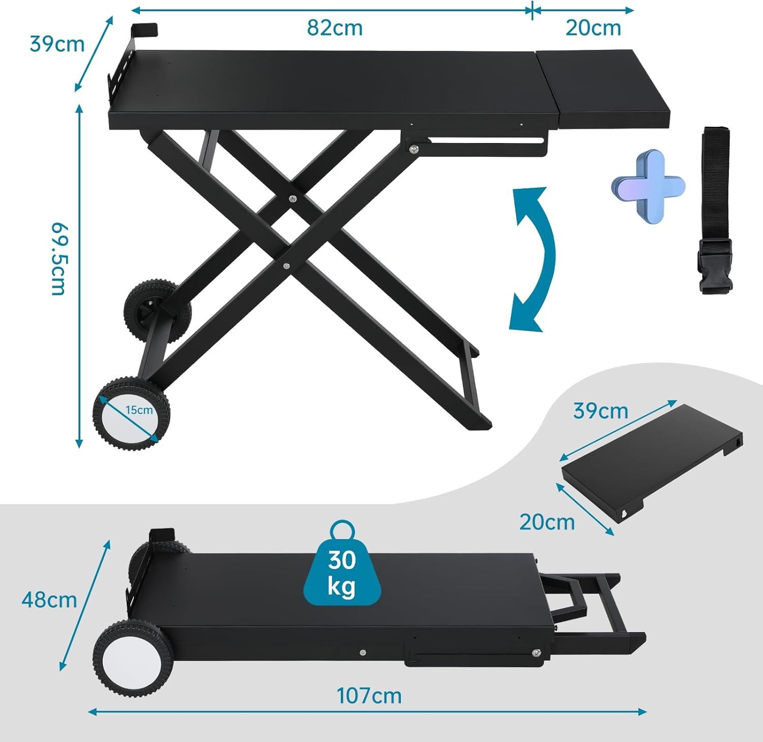 TLGREEN Grillablagetisch für Steakgrill 102x39 cm (Tragbarer BBQ Ablagetisch mit 2 Rädern & Abnehmbarem Seitenbrett, 30kg Traglast Faltbarer Grillständer), für Outdoor Camping Garten Terrasse Balkon
