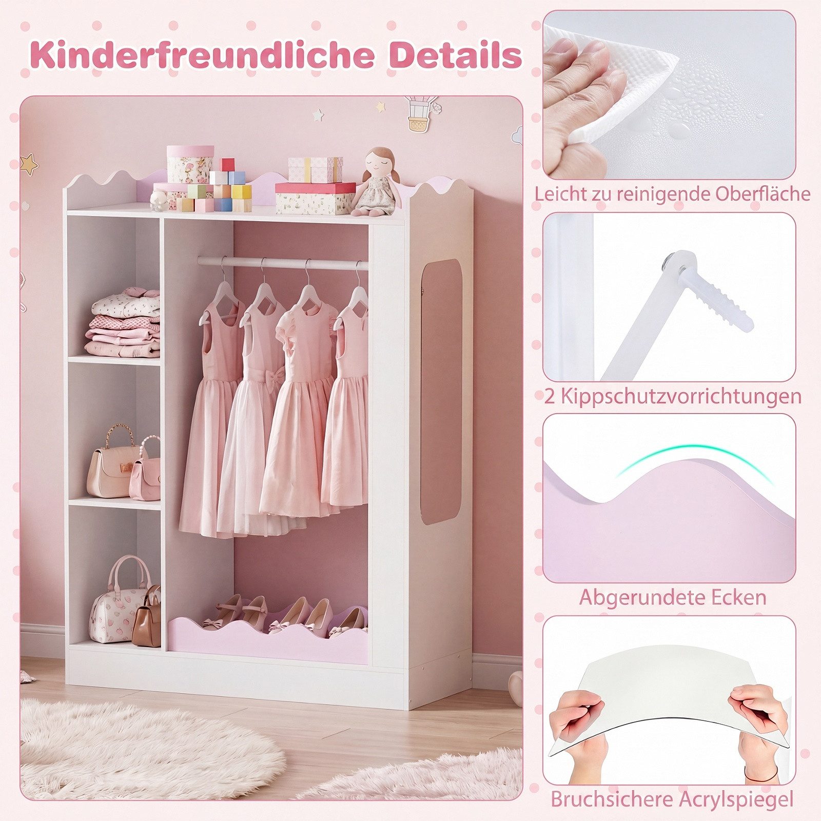 COSTWAY Kinderkleiderschrank mit 2 Spiegeln, offener Kleiderstange, Regalen – Bild 4 von 5