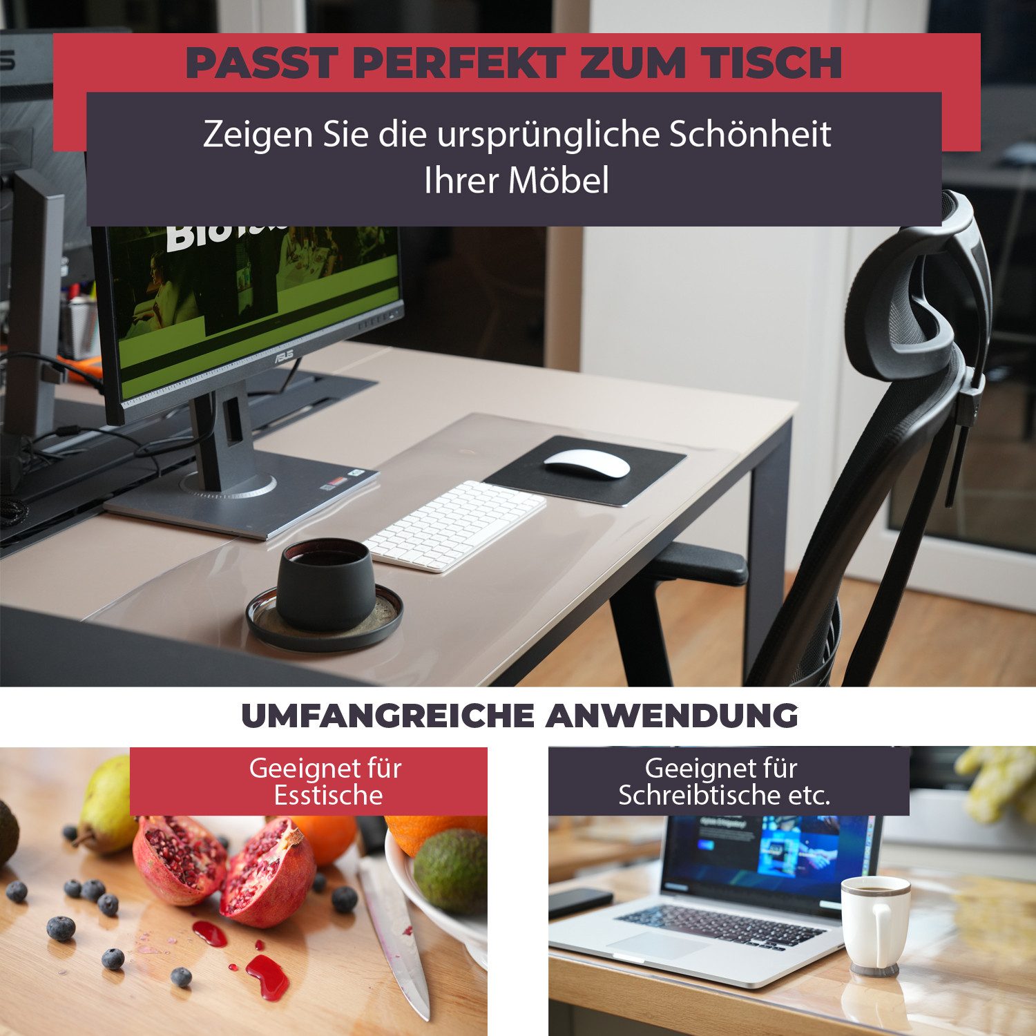 Biofactur Tischdecke Tischfolie Glasklar Folie 2 mm gerader Kante transparente Tischdecke