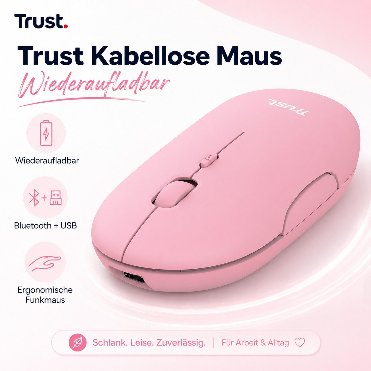 Trust Kabellose Maus Wiederaufladbar Bluetooth USB Funkmaus Computermaus Maus (Wireless Mouse Ergonomische PC Maus Laptop Notebook Office Büro)