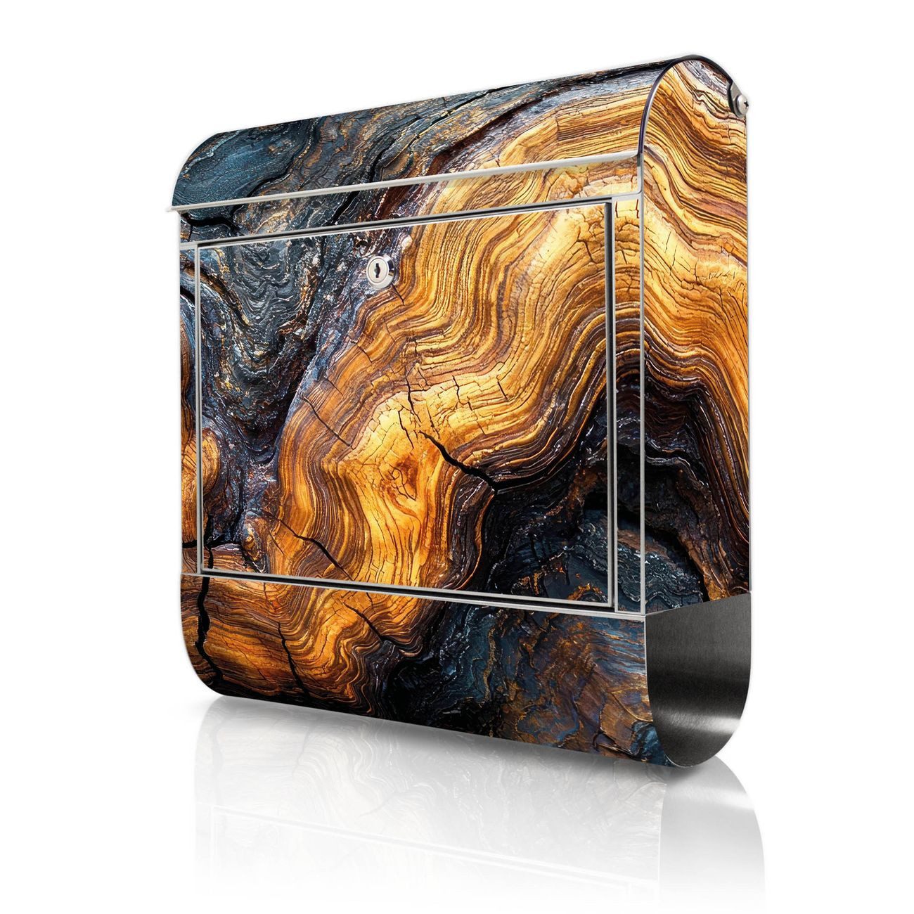 banjado Wandbriefkasten Edelstahl mit Motiv Holz Gemasert Fluss Gold (Wandbriefkasten groß, mit Zeitungsfach), 38 x 42,5 x12 cm