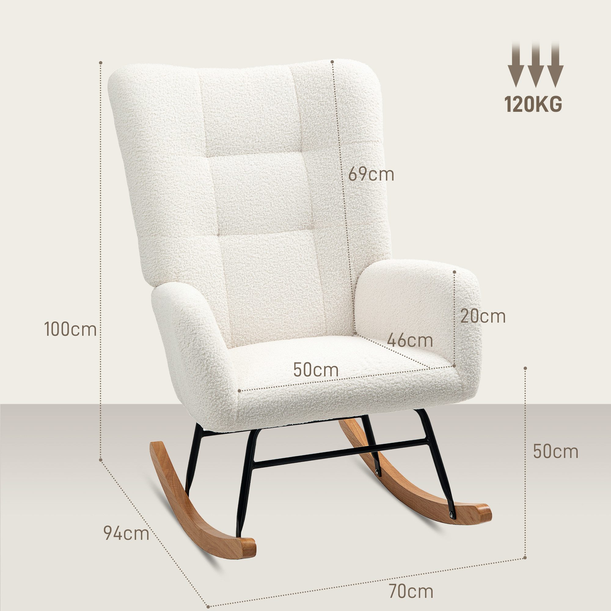 HOMCOM Schaukelstuhl Schaukelsessel, Teddysamt-Optik, Relaxsessel mit Holzkufen (Relaxsessel mit Holzkufen, Schwingsessel, 1 St), Stillsessel für Schlafzimmer, Wohnzimmer, Cremeweiß