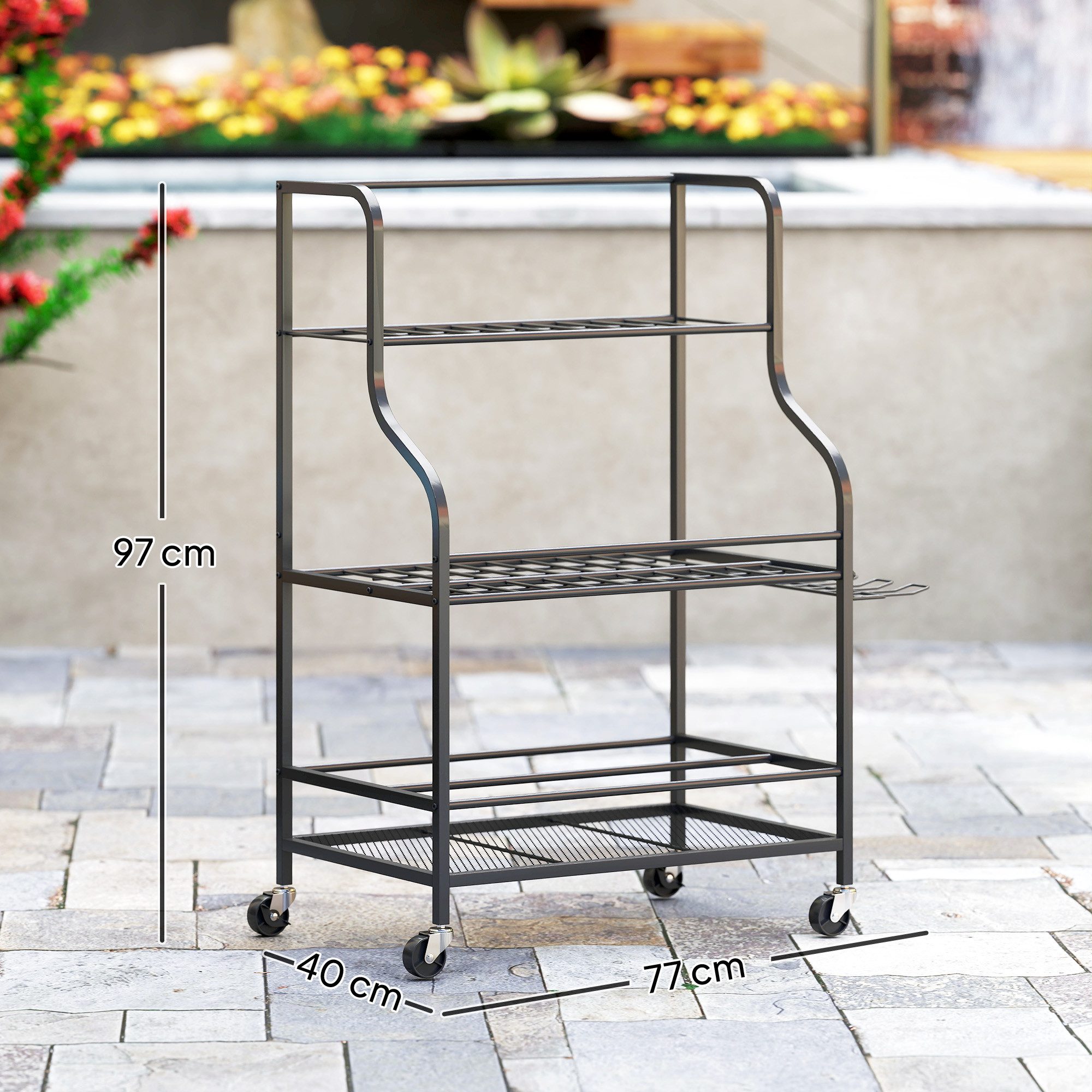 Outsunny Gartengerätehalter mit Haken, (bis 38 Zoll, Gartenwerkzeug-Organizer, 1-tlg., 3-stufig Gartengeräte Ständer, bis 40 kg belast, für Garage, Schuppen, 77 x 40 x 97cm Schwarz)