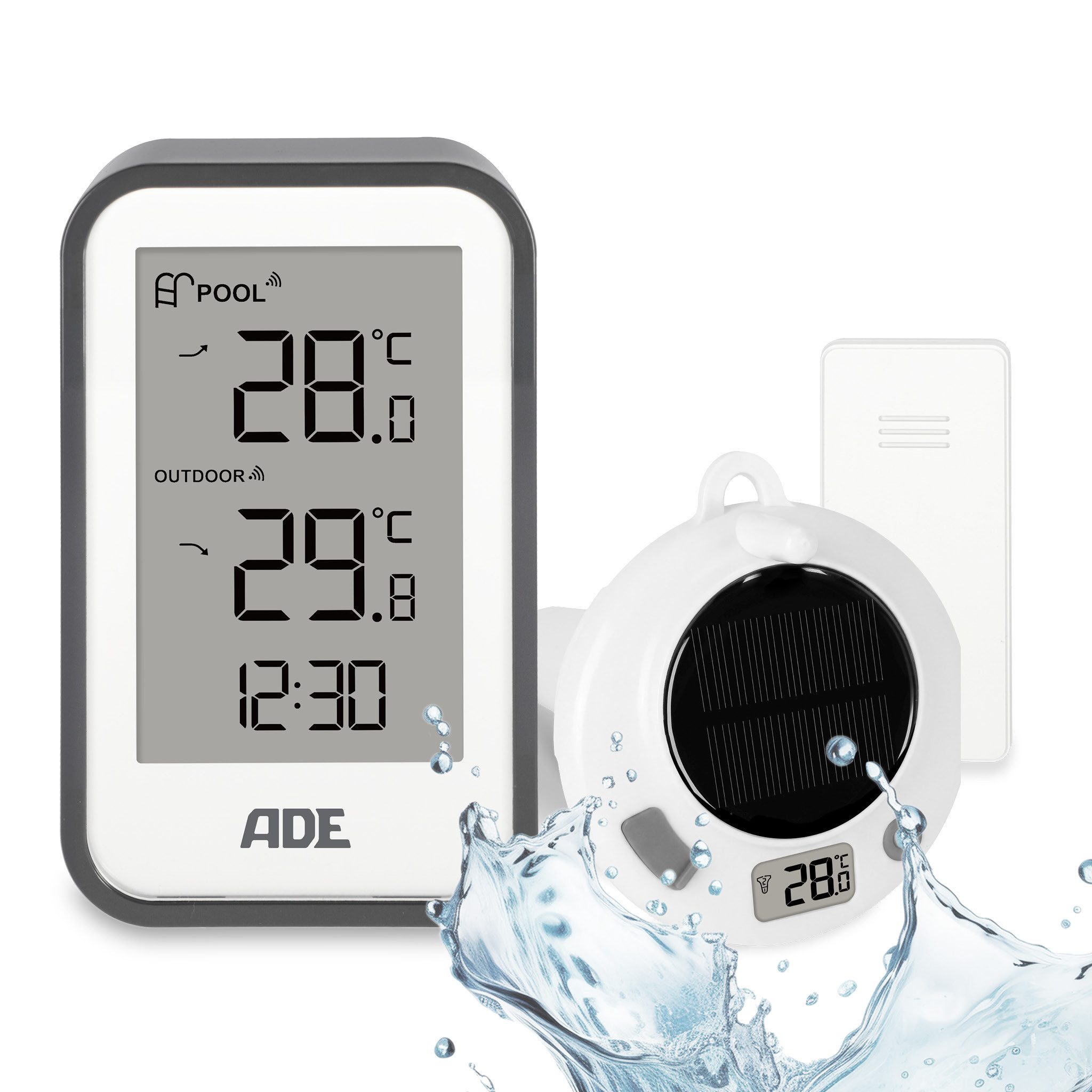 ADE Schwimmthermometer Poolthermometer digital mit Funksensor, Solarladung und USB-C, IPX8, Wassertemperatur auf Innenstation mit 19-mm-Ziffern und Uhrzeit
