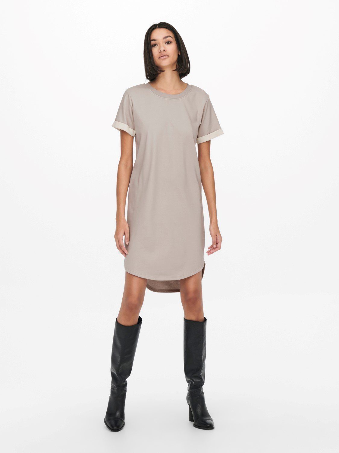 (lang, Dress 1-tlg) Kleid Beige 3606 JACQUELINE Tunika Shirtkleid in Lockeres Midi Shirtkleid de YONG JDYIVY Rundhals