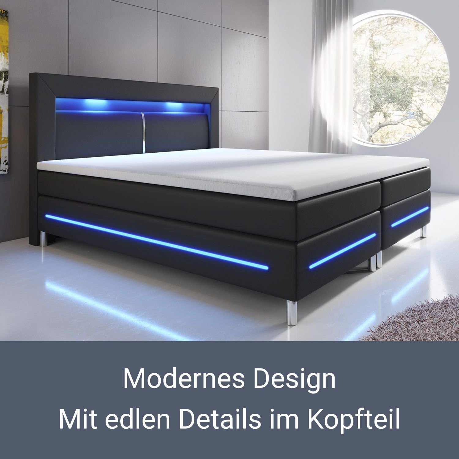 LED-Beleuchtung Topper, 200 mit cm, Boxspringbett x Bett Kopfteil und 140 Norfolk, schwarz Federkernmatratze, Juskys