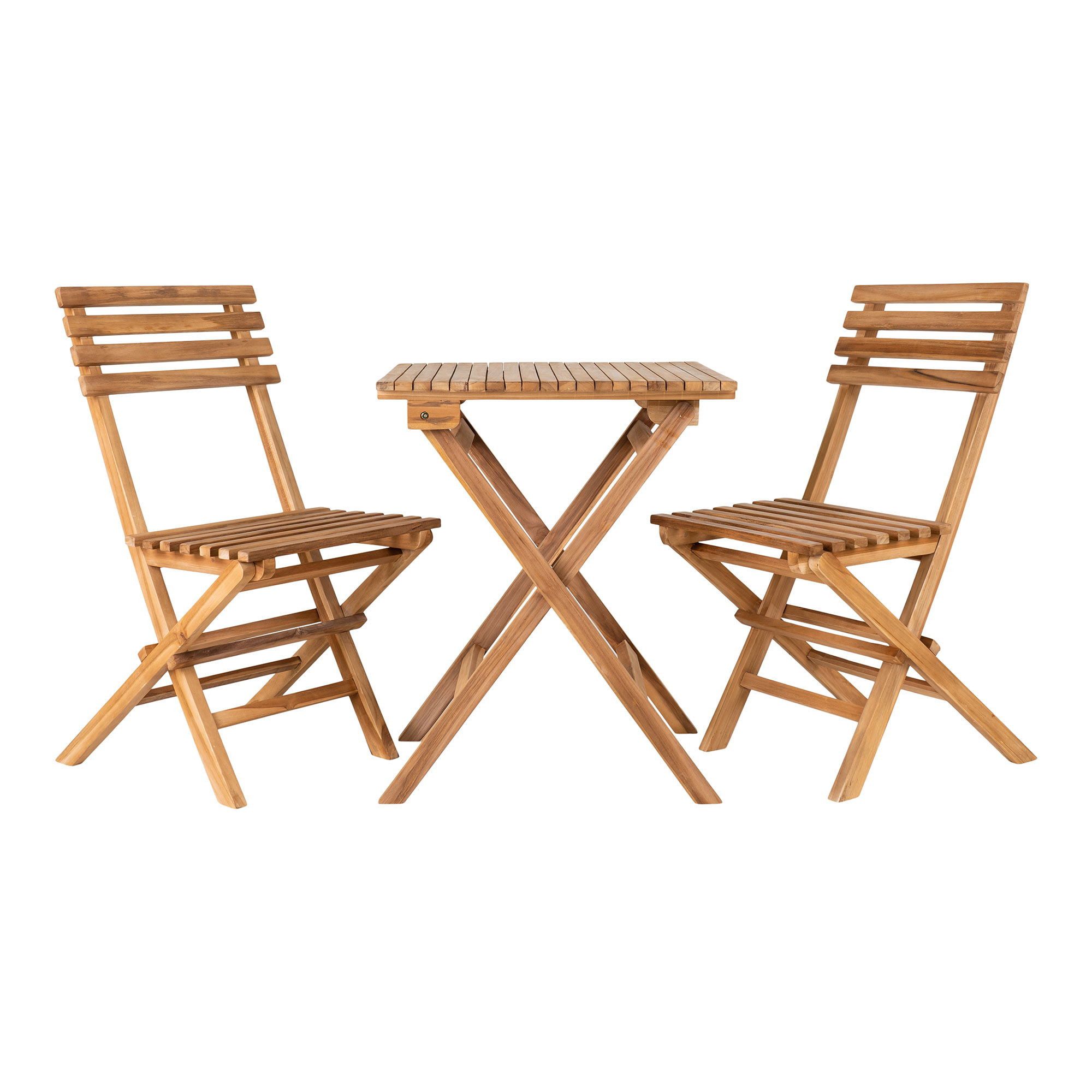 tinkaro Garten-Essgruppe Cuenca Café Set 2 Stühle 1 Tisch Massivholz 75/89 cm Natur, (1-tlg), Kompakte Sitzgruppe aus Naturholz für zwei Personen auf dem Balkon