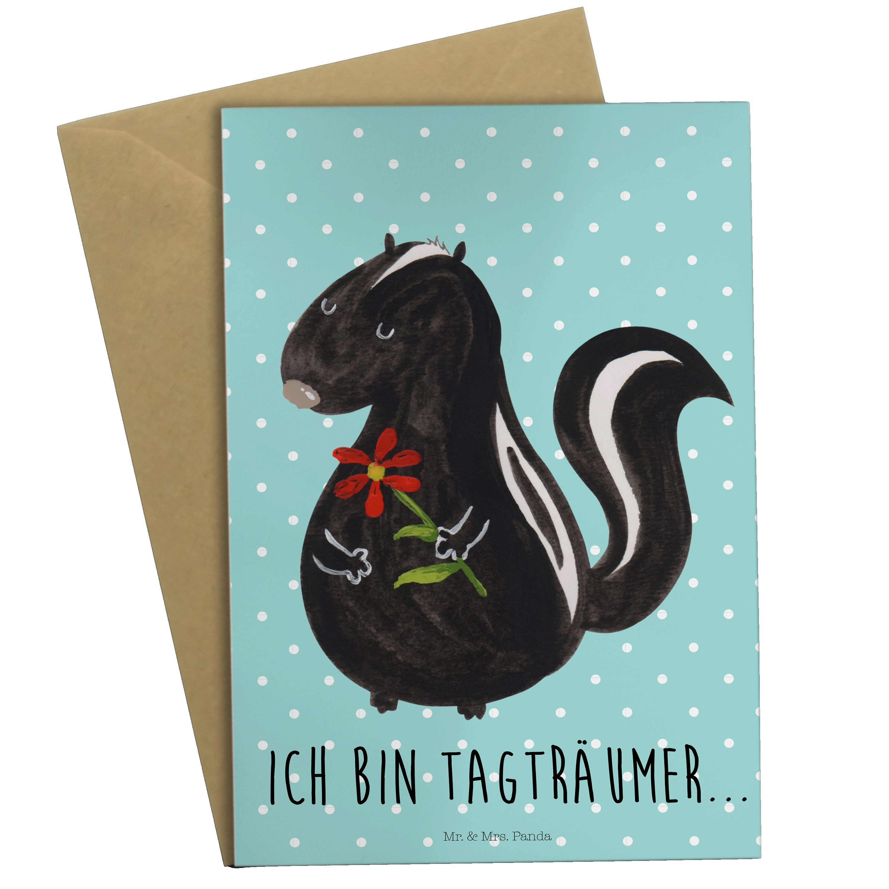 Mr. & Mrs. Panda Grußkarte Stinktier Blume - Türkis Pastell - Geschenk, Geburtstagskarte, Tagträ