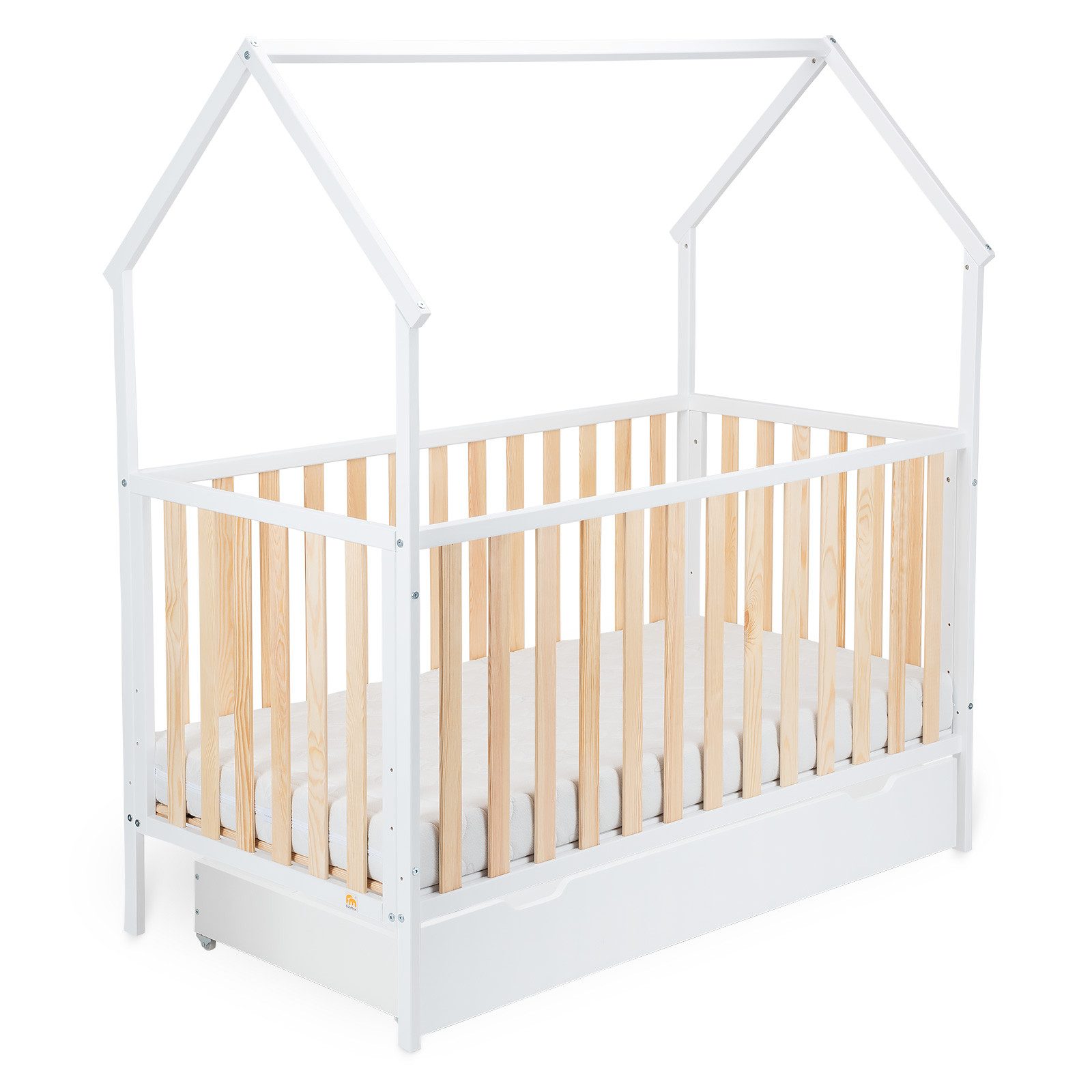 Kinderbett Hausbett Schlafmütze 140 x 70 cm Liegefläche, weiß lackiert / natur