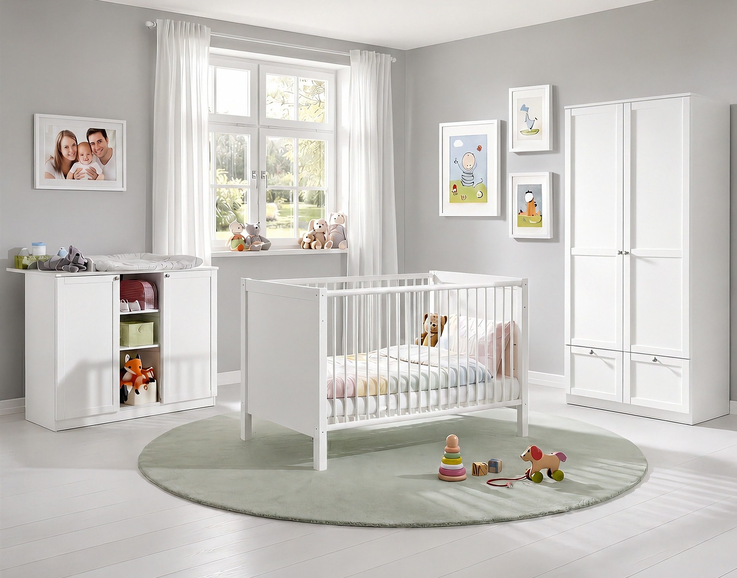 luma-home Babyzimmer-Komplettset 22802, (3-teilig – Babymöbel für Kinderzimmer mit Babybett 70x140 cm, Wickelkommode B122/H101/T75 cm, Soft-Close), 2-tür. Kleiderschrank m. Schubladen B90/H200/T58 cm, Landhausstil Weiß