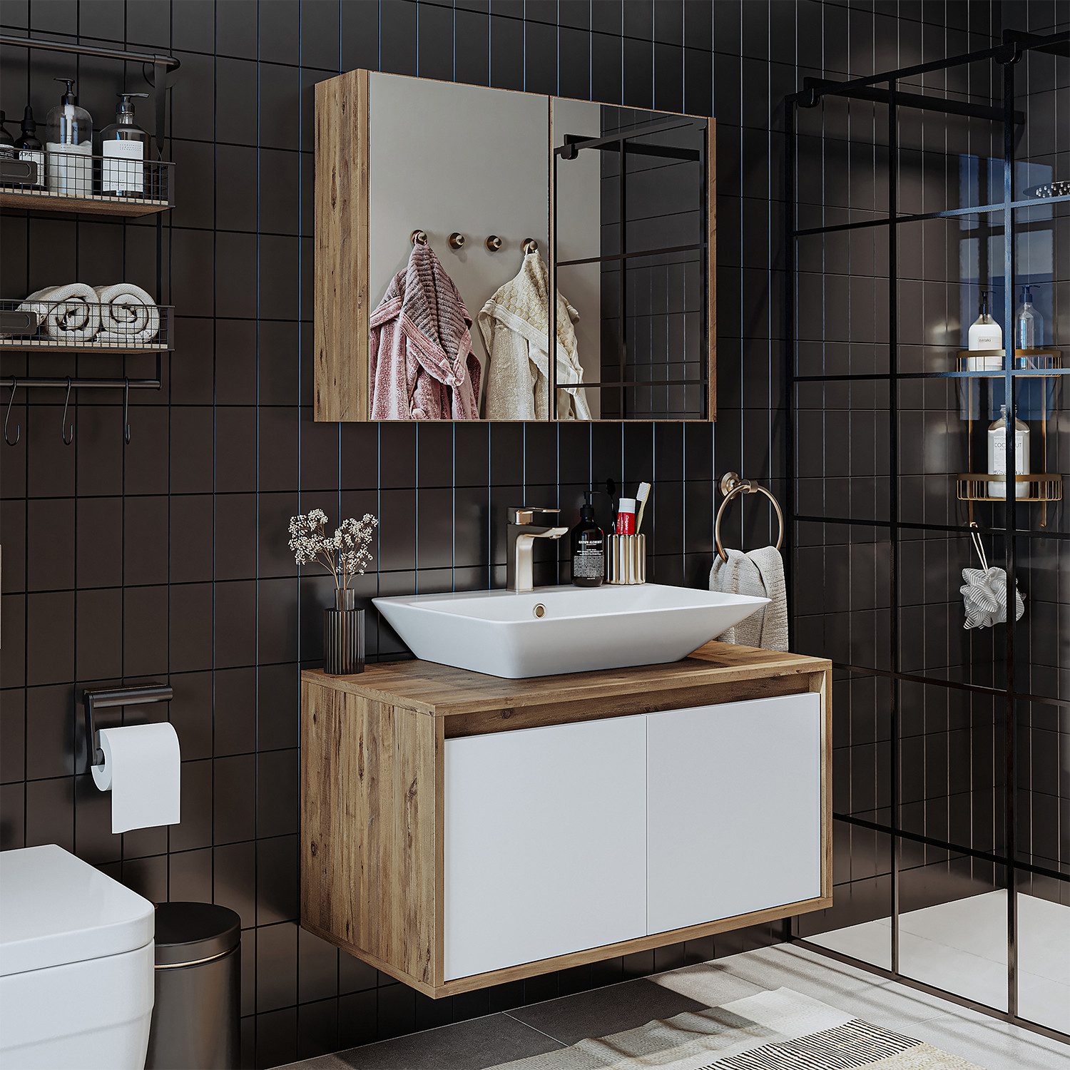Roomart Badmöbel-Set ATLANTIC Waschtisch + Spiegelschrank + Keramik-Aufsatzwaschbecken, (ATLANTIC – Unterschrank + Spiegelschrank + Waschbecken), feuchtigkeitsb – Bild 3 von 5