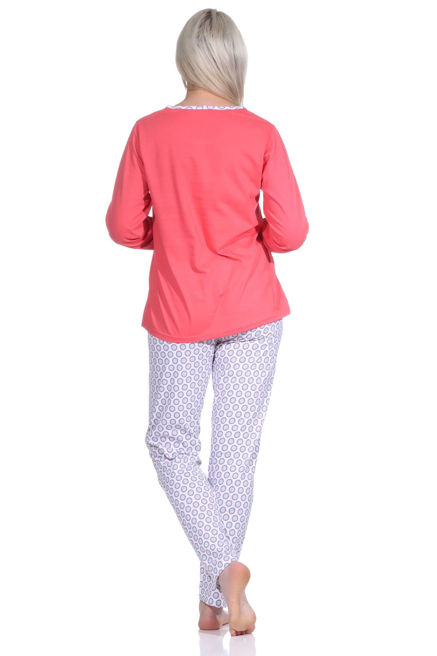 mit Allover Pyjama Damen Langer Pyjama, Schlafanzug sommerlichem rot Normann