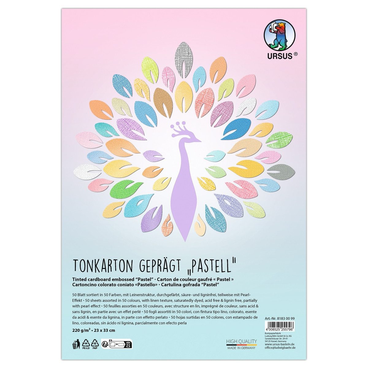 Ursus - Ludwig Bähr Bastelkartonpapier URSUS Tonkarton geprägt Pastell 50 Blatt 220g/m² 23x33cm