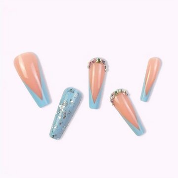 RefinedFlare Kunstfingernägel Lange blaue, nackte künstliche Nägel mit Strasssteinen und Glitzer