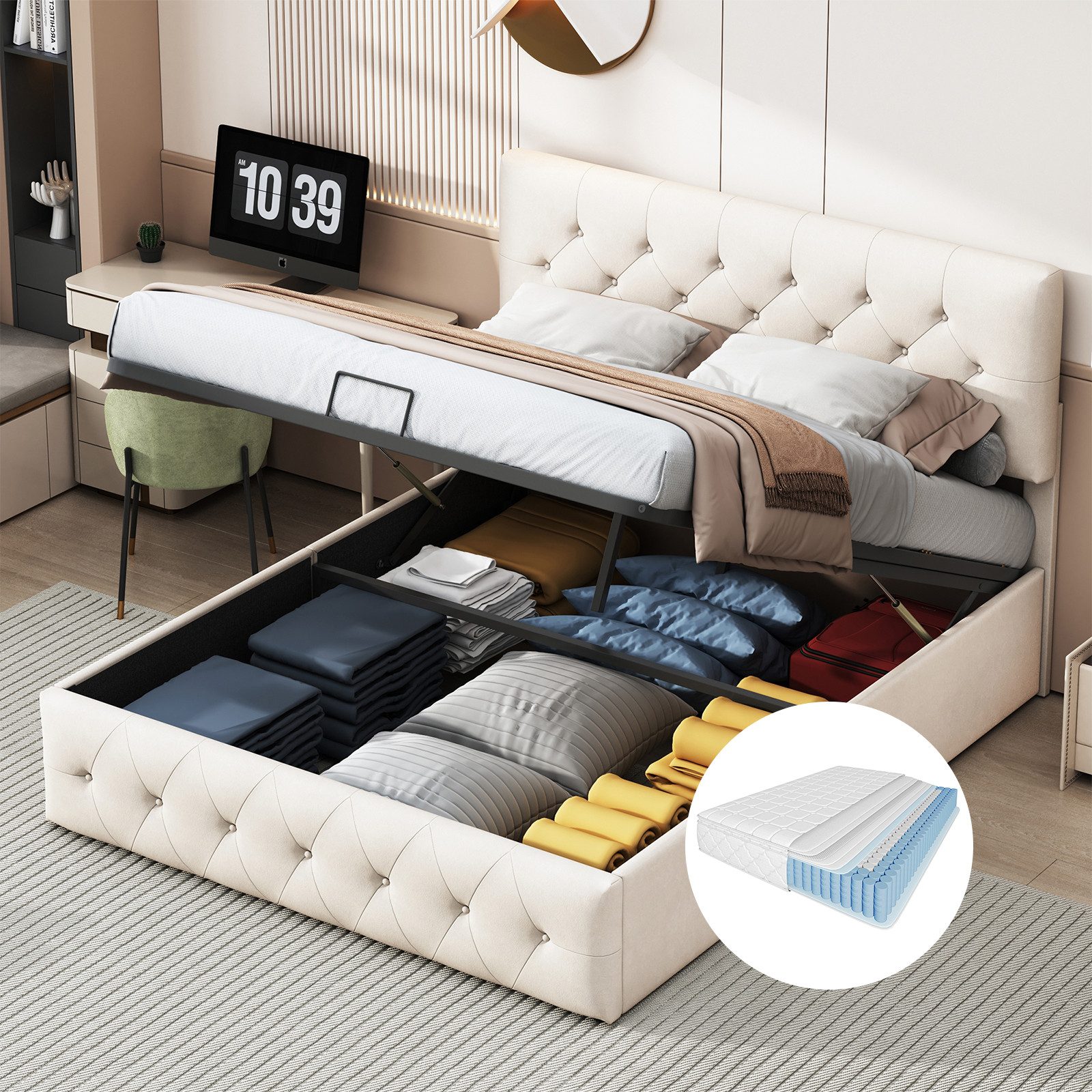 FUROKOY Polsterbett Samt Hydraulisches Funktionsbett Doppelbett 140x200cm (Set, 1-tlg), Beige,147x202.2x117.5~122.5cm,mit Matratze