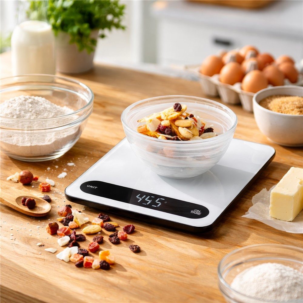 ADLER EUROPE Küchenwaage AD 3177wb Digital bis 10 kg, Elektronische Haushaltswaage, Tara Funktion, USB-C aufladbar, Kochen, Backen, Glaswaage, Weiß – Bild 2 von 5
