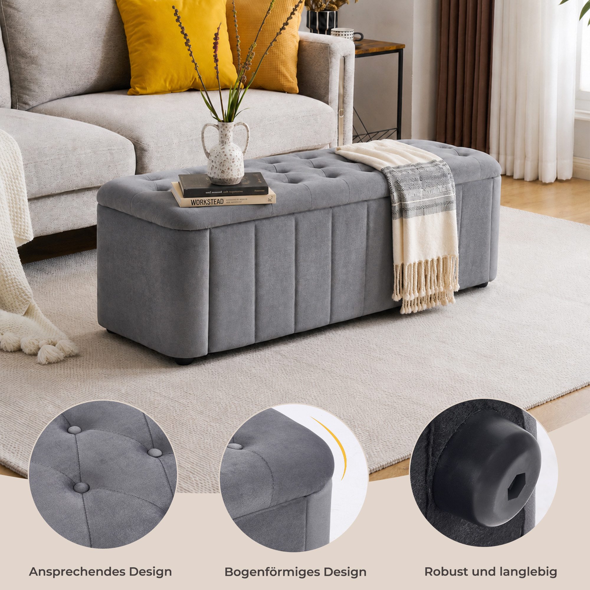i@home Bettbank Polsterbank Sitzbank mit Stauraum (Velours mit Knopfheftung, abgerundete Ecken, 1-St., abnehmbarer Deckel), Flurbank, Schuhbank für Wohnzimmer & Schlafzimmer