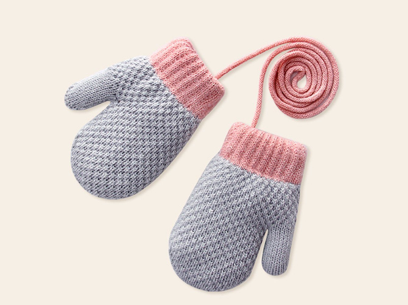 XDeer Fäustlinge Baby Handschuhe, Fäustlinge Kinder Winterhandschuhe Warm Strickhandschuhe mit Schlüsselband für 1-3 Jahre Mädchen Junge gray
