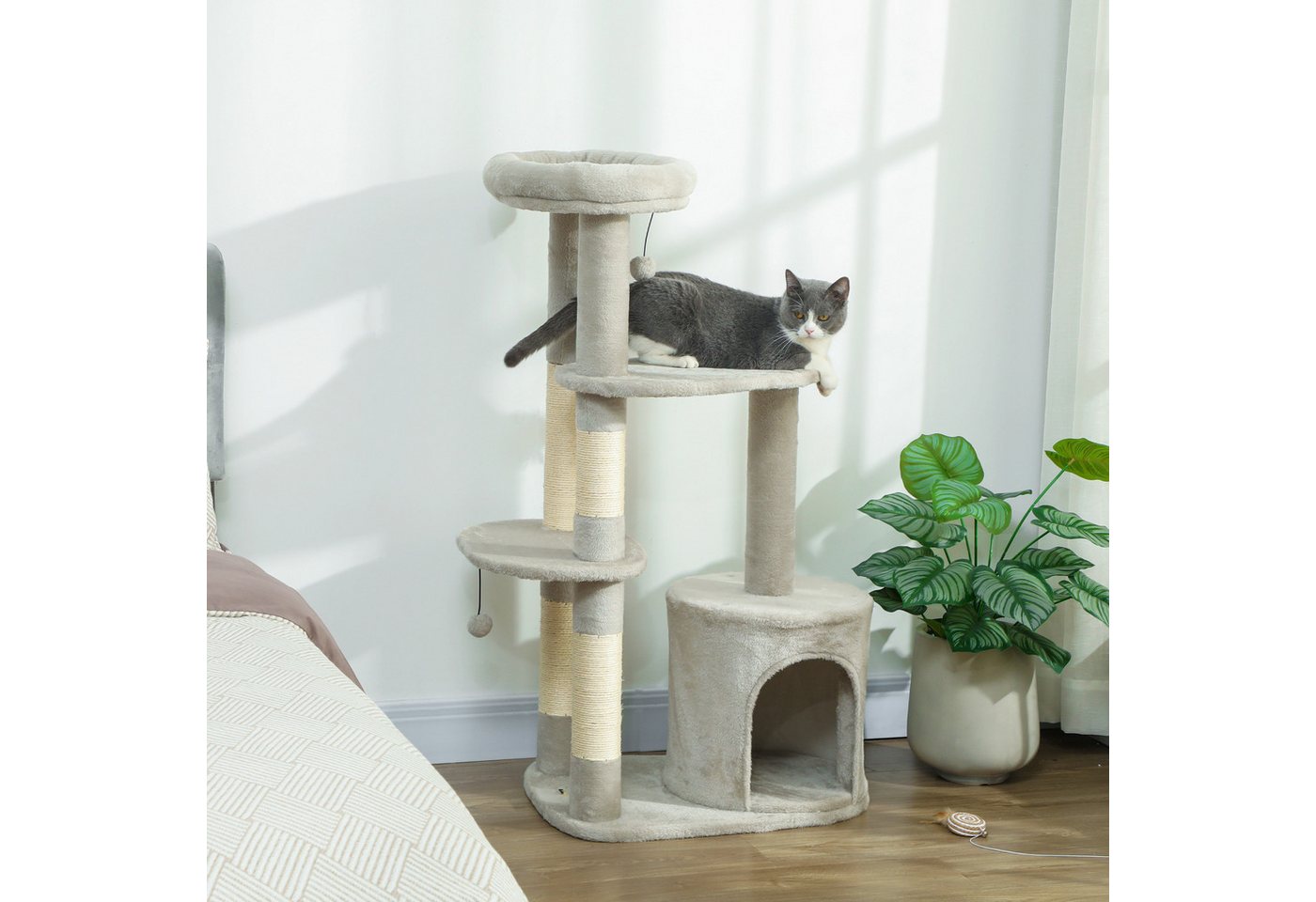 PawHut Kratzbaum Katzenturm mit Spielball, Kletterbaum, für mittelgroße Katzen, Mit hängendem Ball, Sisal-Kratzsäulen, Hellgrau