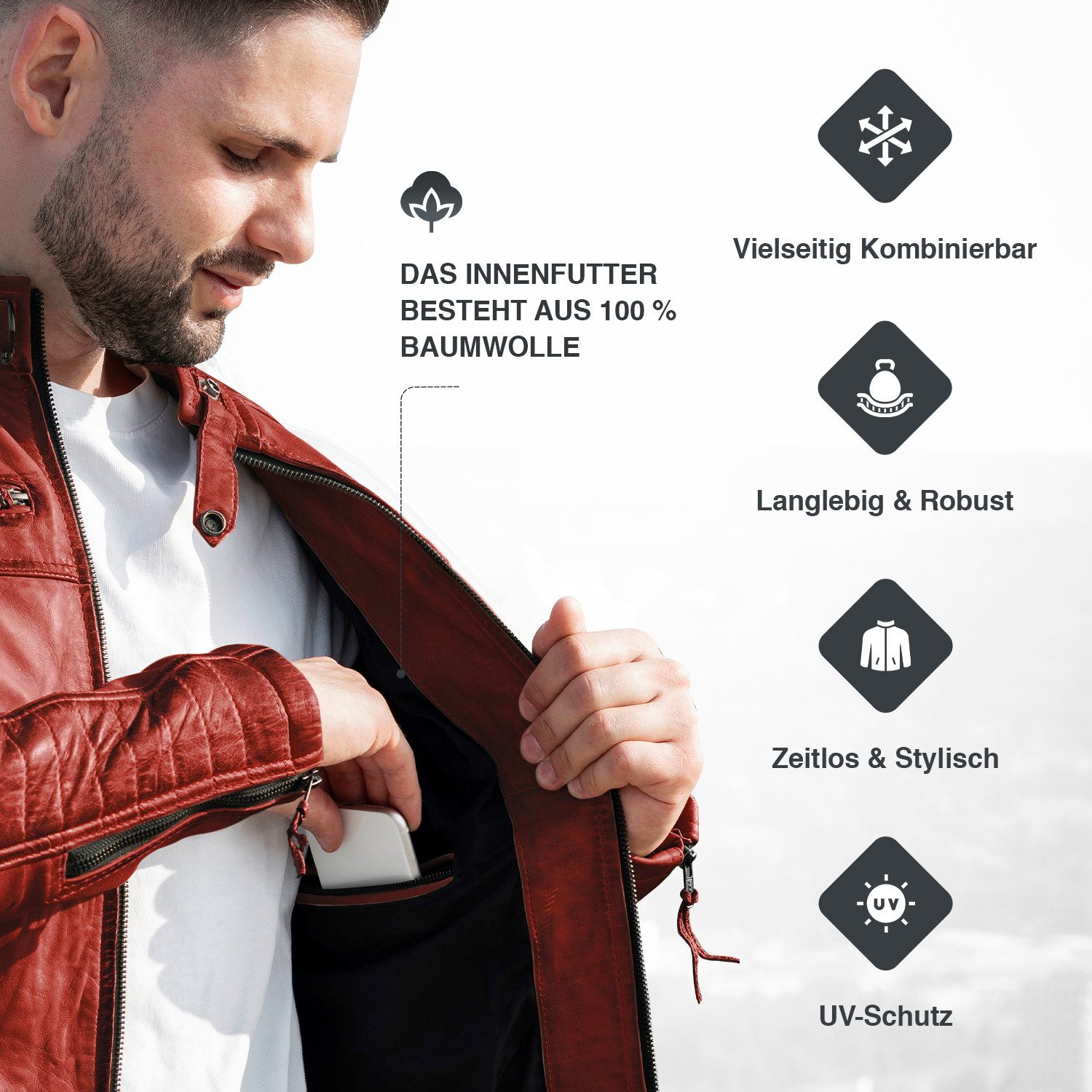 PAULGOS Lederjacke Herren Jacke Übergangsjacke Biker Look 100% Echtleder D1 – Bild 5 von 5