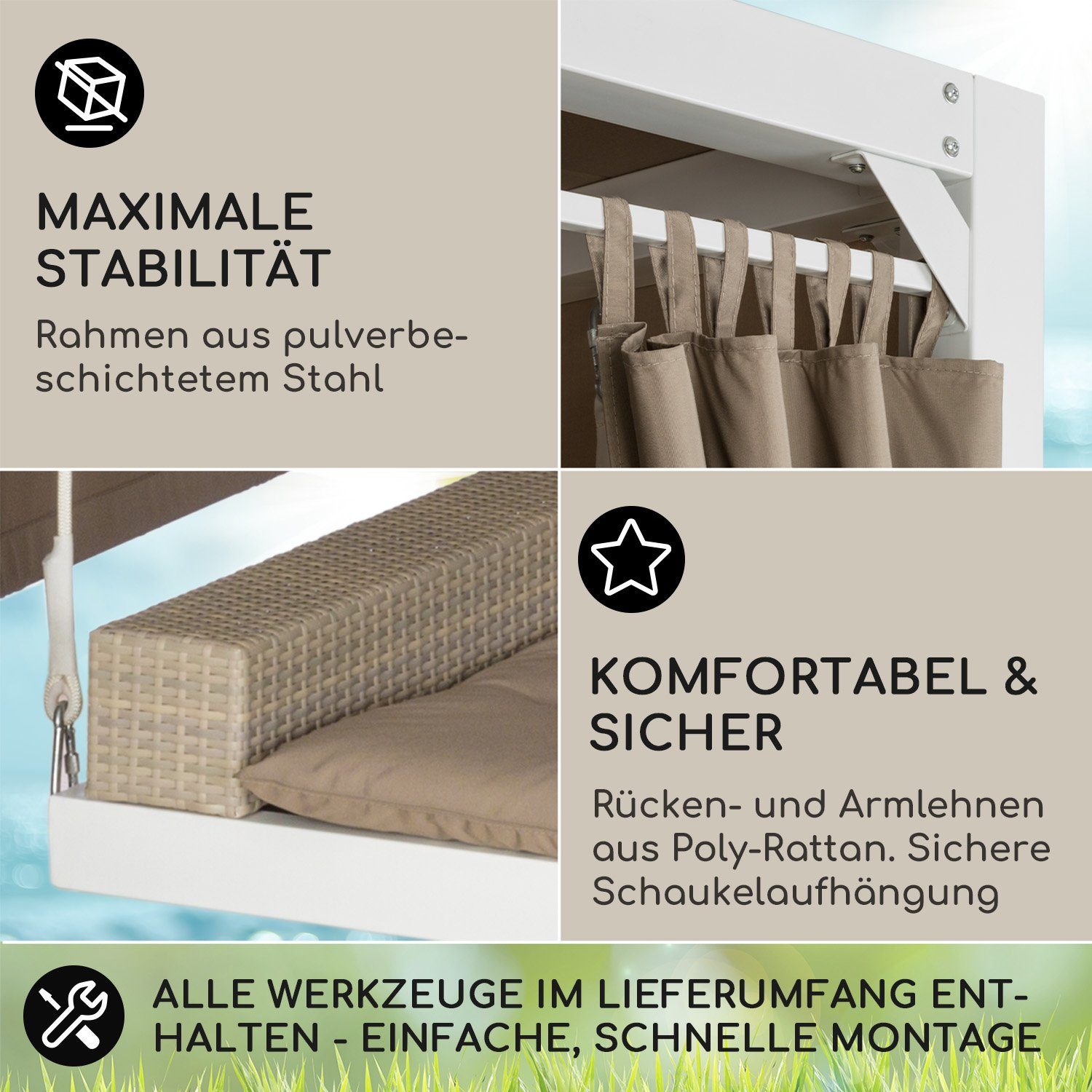 blumfeldt Hollywoodschaukel Eremitage, Set, Hollywoodschaukel mit Liegefunktion Gartenschaukel mit Dach 3 Sitzer